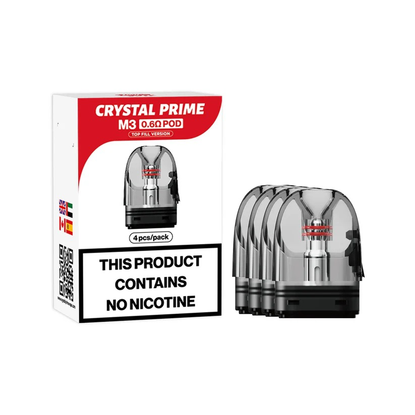 CRYSTAL PRIME M3 REPLACEMENT POD 4-pack refillable vape pods with 0.6 and 0.8 ohm coil options and 2ml e-liquid capacity