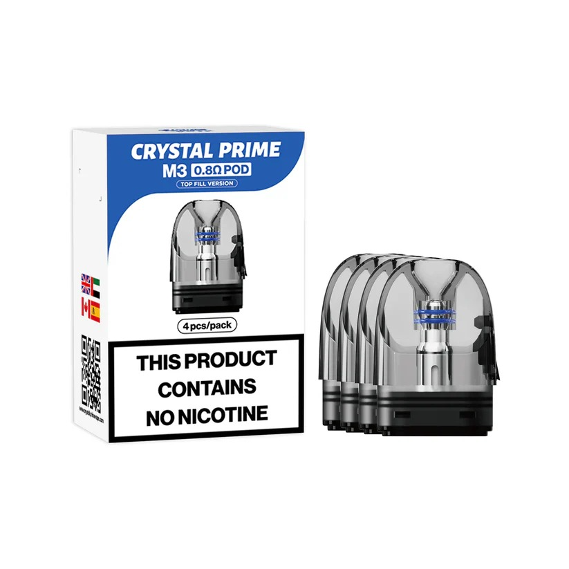 CRYSTAL PRIME M3 REPLACEMENT POD 4-pack with 0.8 ohm resistance, refillable 2ml pods with mesh coils for smooth vaping
