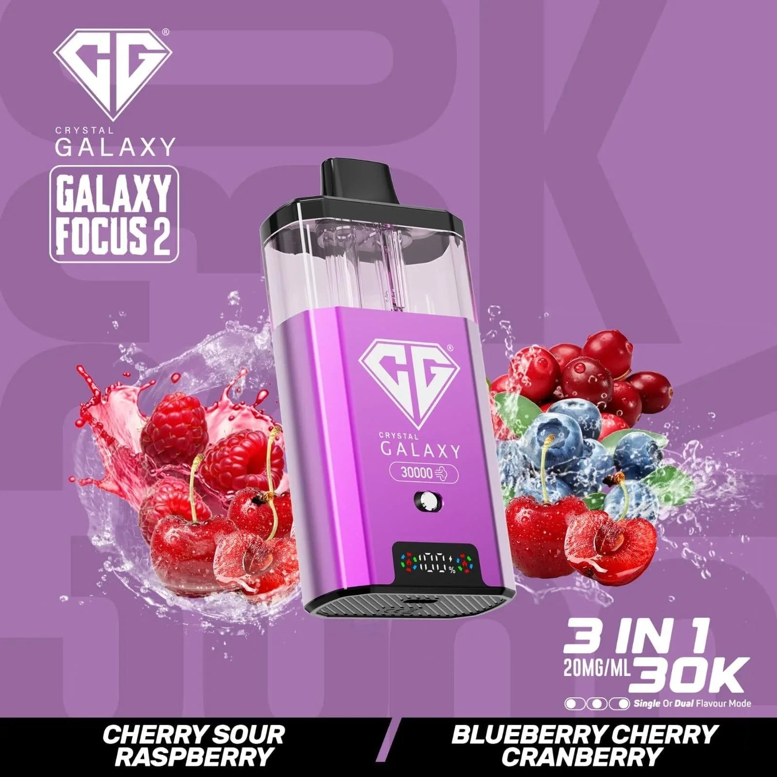 Crystal Galaxy Focus 2 30K prefilled vape pod with cherry sour raspberry and blueberry cherry cranberry flavors, 30,000 puffs, 20mg/ml nicotine strength.