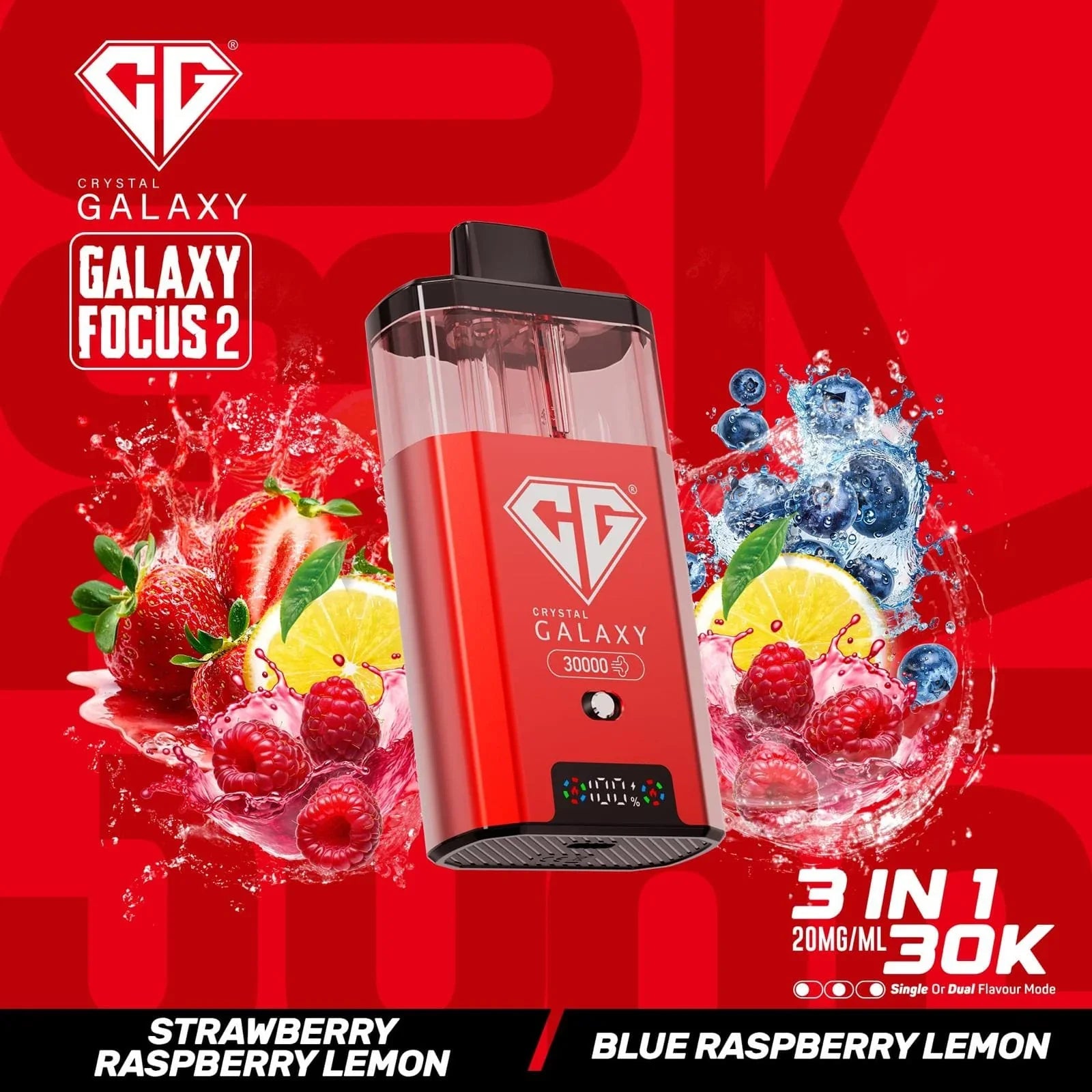 Crystal Galaxy Focus 2 30K prefilled vape pod with 30,000 puffs and mixed berry fruit flavors on red background