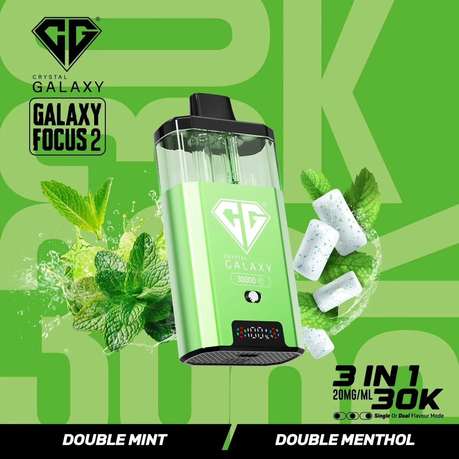 Crystal Galaxy Focus 2 30K prefilled pod vape device in green with double mint and double menthol flavors, 30,000 puff capacity, and 20mg/ml nicotine strength.