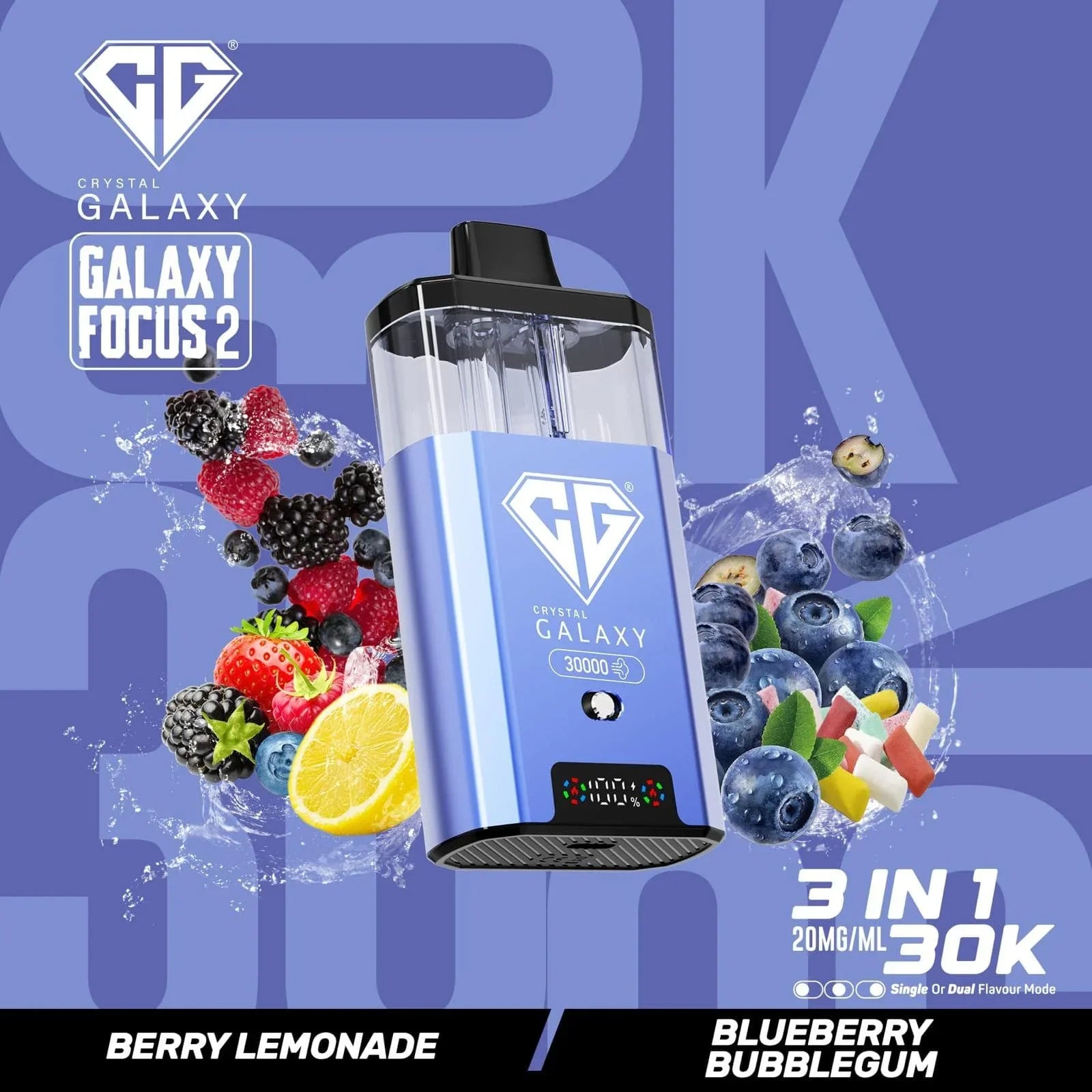 Blue Crystal Galaxy Focus 2 30K prefilled pod vape device with berry lemonade and blueberry bubblegum flavors, 20mg/ml nicotine strength, and 3-in-1 flavor mode.
