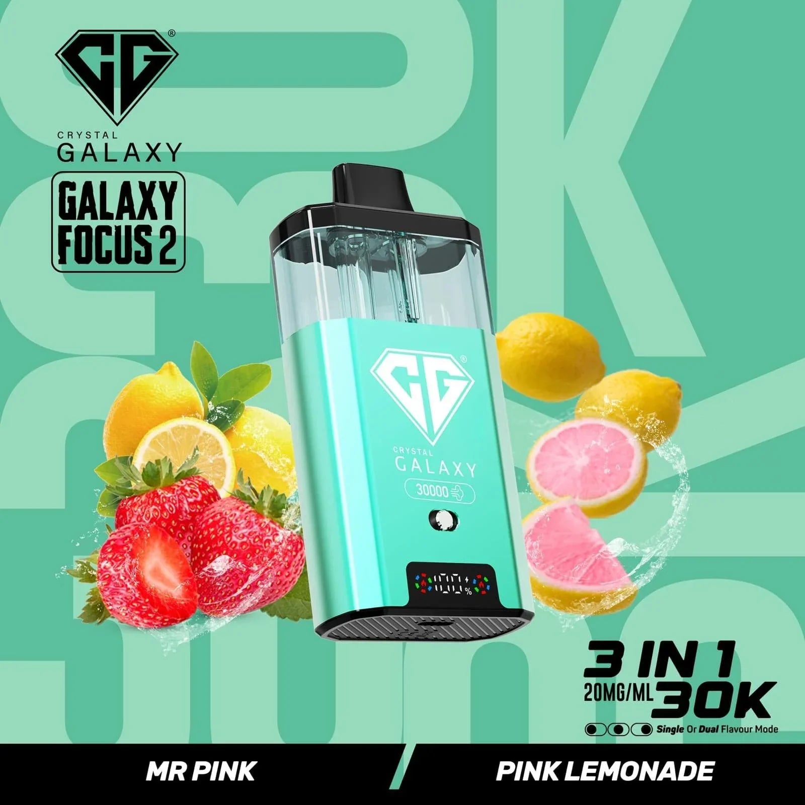 Crystal Galaxy Focus 2 30K prefilled pod vape device with fruit flavor like strawberry and pink lemonade, 3-in-1 dual flavor mode, 20mg/ml nicotine salt.