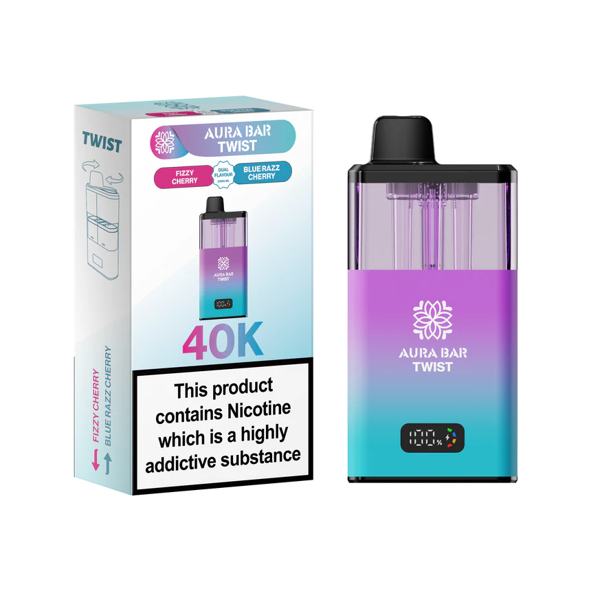 Aura Bar 40K Vape Kit with dual-flavour twist, LED display, 850mAh rechargeable battery, prefilled pod, 40,000 puffs, mesh coil technology.