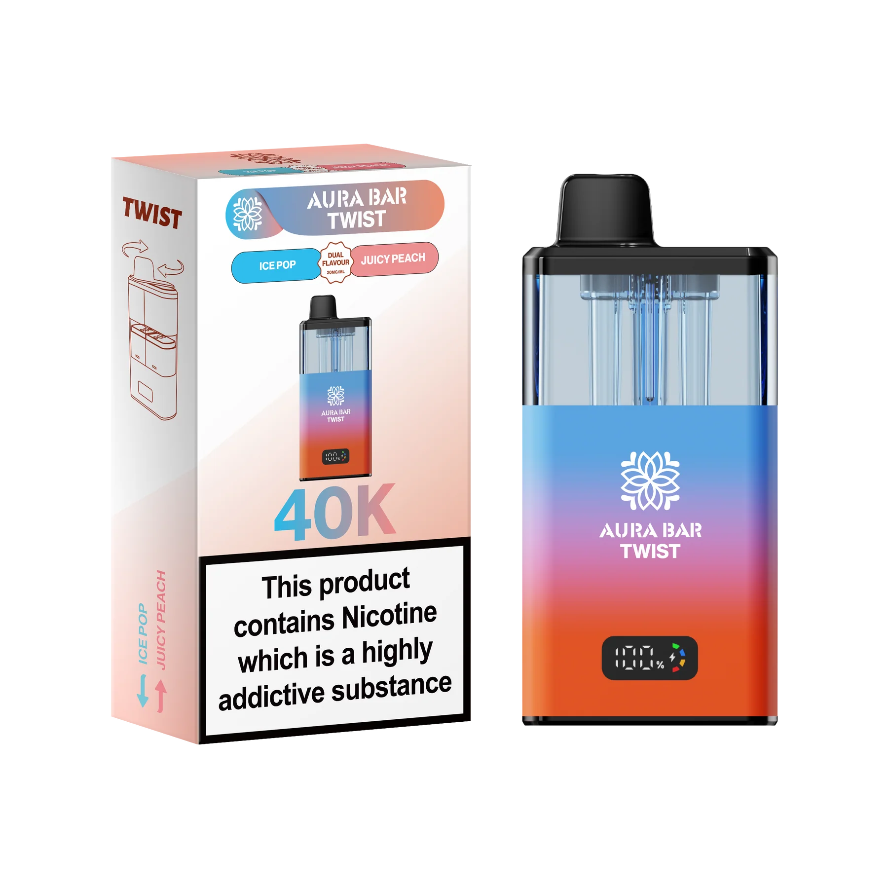 Aura Bar 40K Vape Kit with dual-flavour twist design, 850mAh rechargeable battery, LED display, and 40,000 puffs per pod.