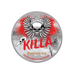 Killa Nicopods Banana Ice extra strong nicotine pouches with skull logo and wings design on gray background