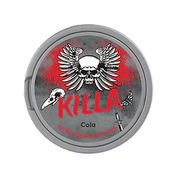 Killa Nicopods tobacco-free nicotine pouches in cola flavor with skull and wings design on the can.