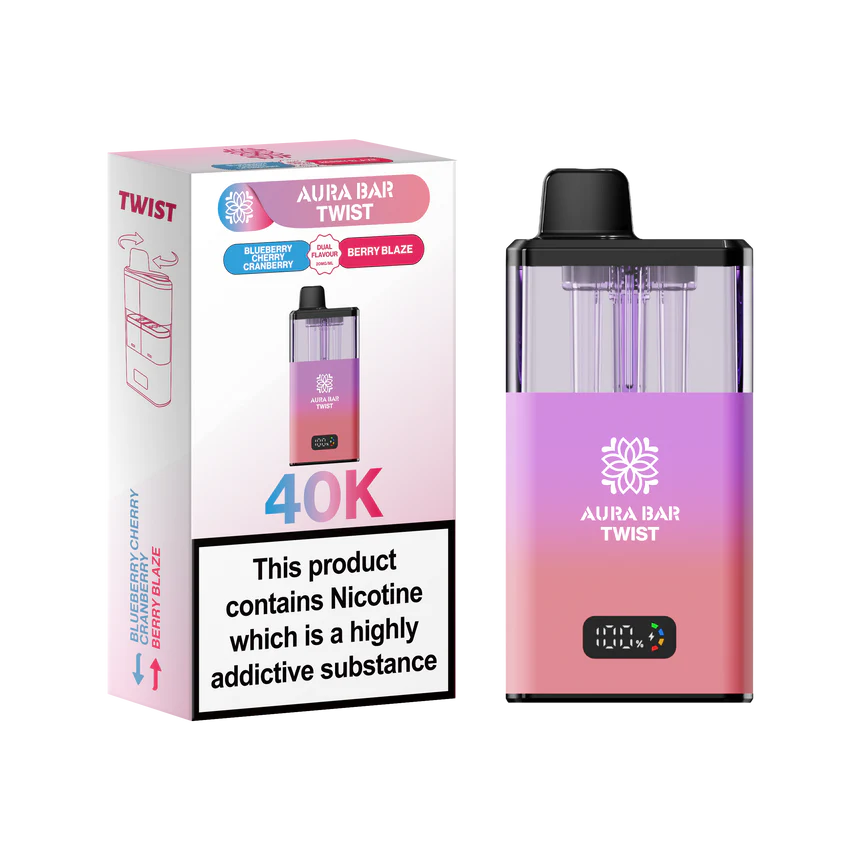 Aura Bar 40K Vape Kit with dual-flavour twist design, LED display, and 40,000 puffs capacity, featuring Blueberry Cherry Cranberry and Berry Blaze flavors.