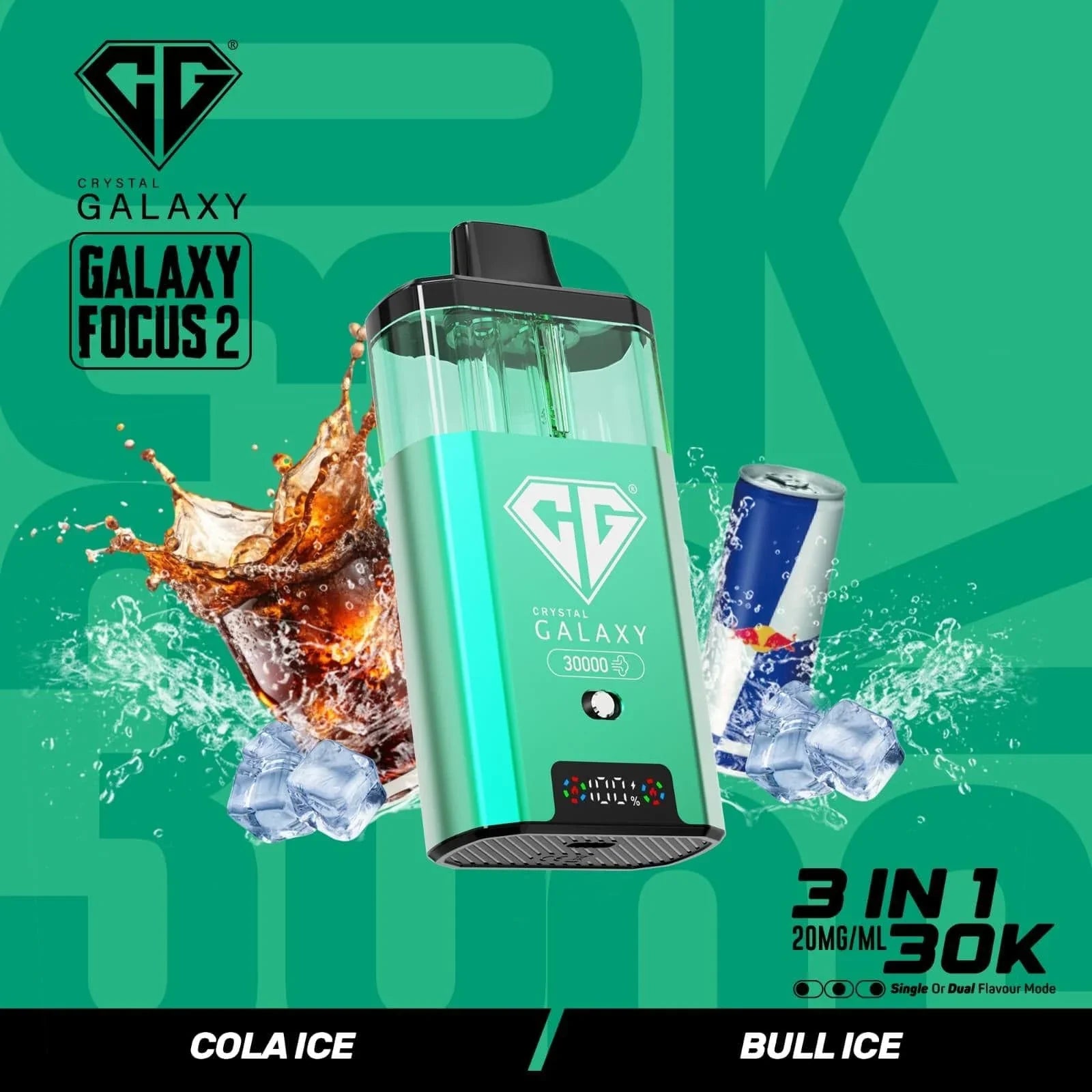 Crystal Galaxy Focus 2 30K prefilled vape pod with 30,000 puffs, 20mg/ml nicotine, and 3-in-1 flavor modes including Cola Ice and Bull Ice.