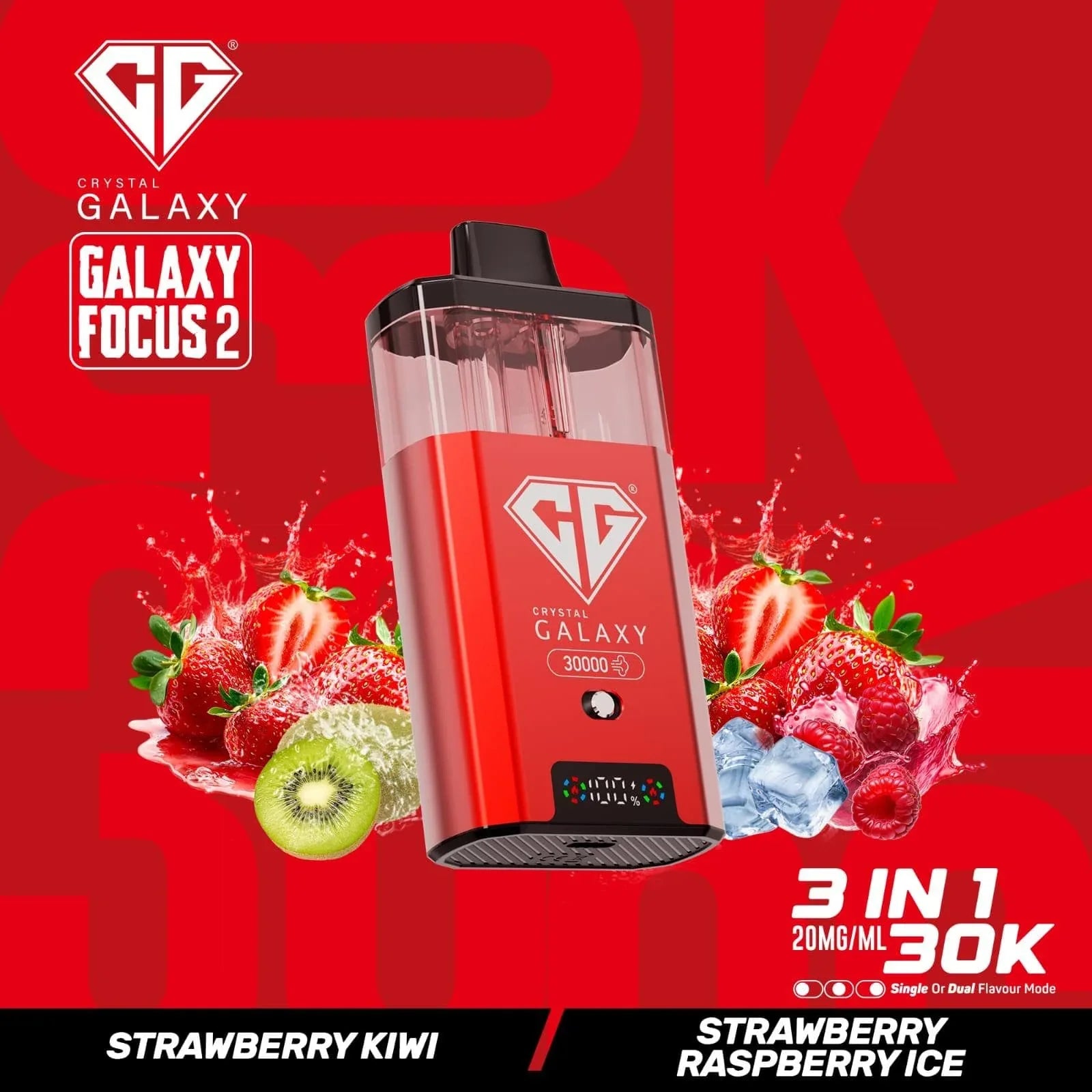 Red Crystal Galaxy Focus 2 30K prefilled vape pod with fruit and ice flavor accents and 3-in-1 dual flavor mode.