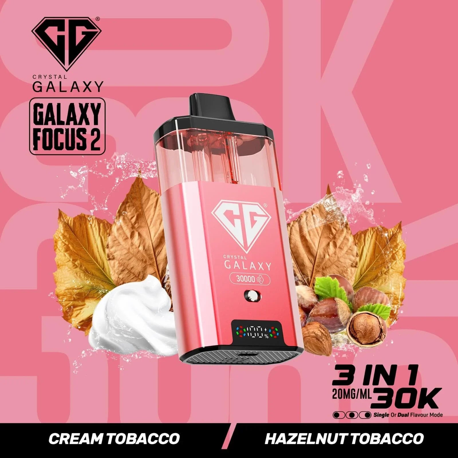 Crystal Galaxy Focus 2 30K prefilled vape pod with cream and hazelnut tobacco flavor, 30,000 puff capacity, and 20mg/ml nicotine strength