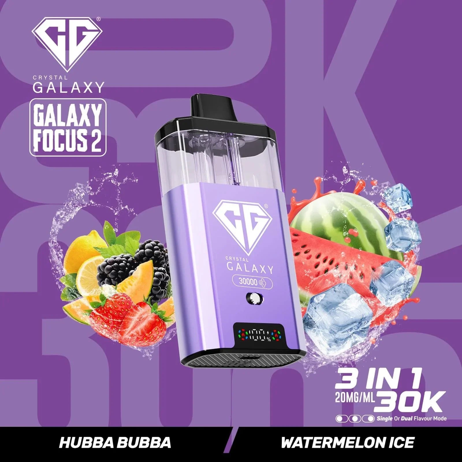 Crystal Galaxy Focus 2 30K prefilled vape pod with 3-in-1 20mg nicotine salt, featuring Hubba Bubba and Watermelon Ice flavors.