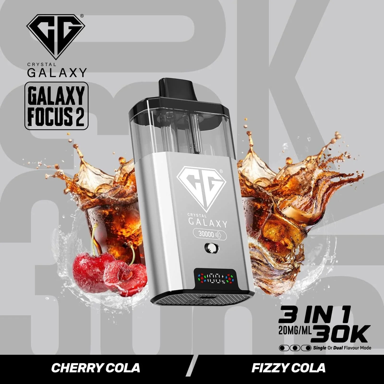 Crystal Galaxy Focus 2 30K prefilled pod vape device with cherry cola and fizzy cola flavor splash background