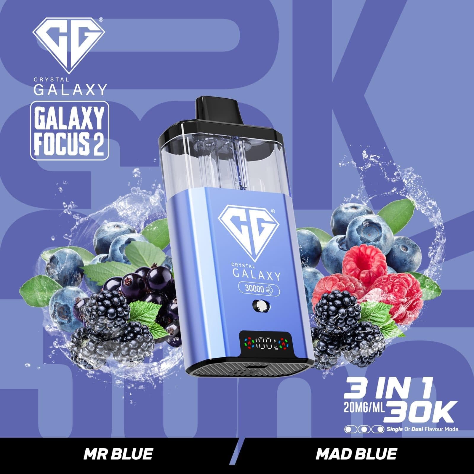 Crystal Galaxy Focus 2 sleek blue prefilled vape pod with 30,000 puff capacity and mixed berry background