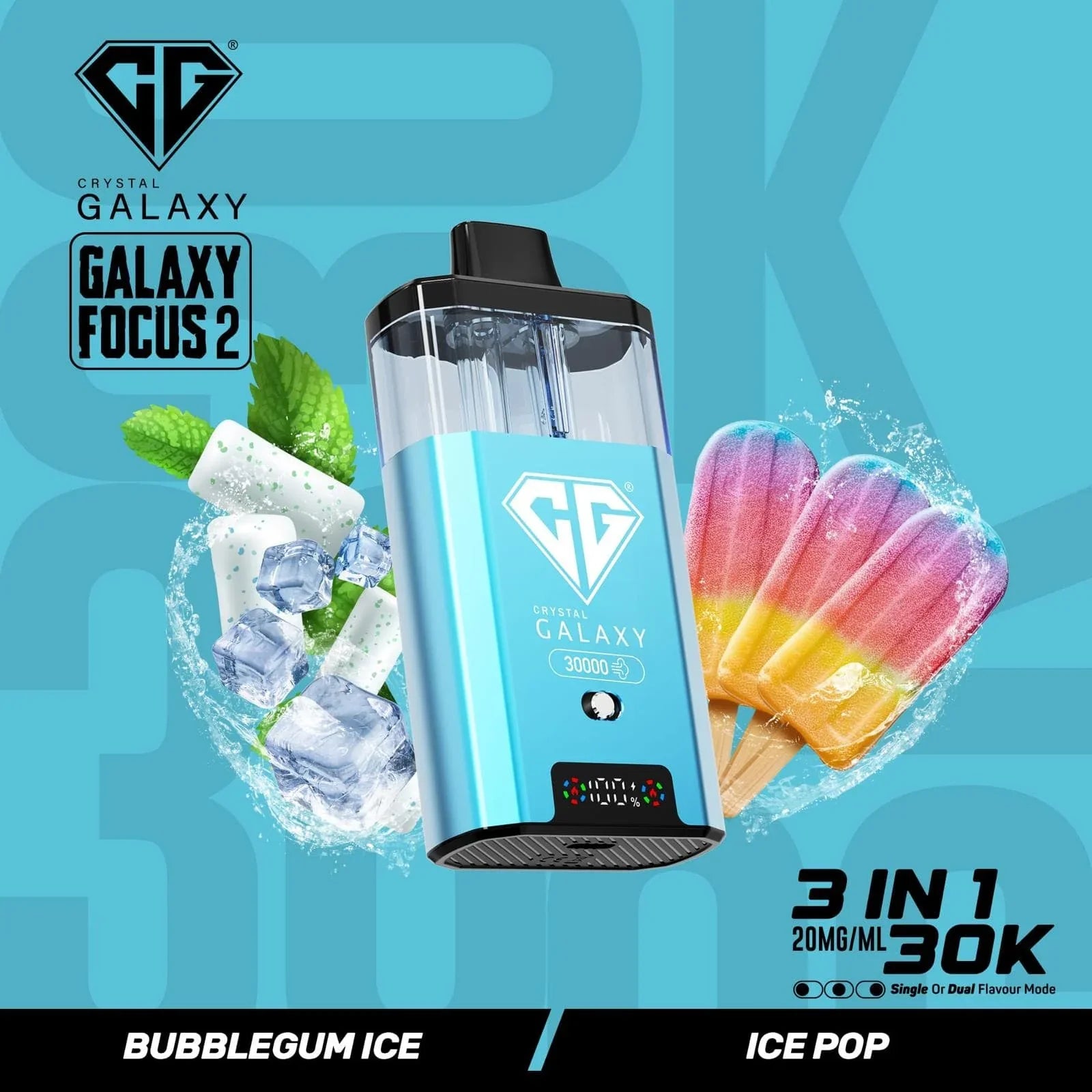 Crystal Galaxy Focus 2 30K prefilled pod vape device with bubblegum ice and ice pop flavors, 30,000 puff capacity, and 20mg/ml nicotine strength.