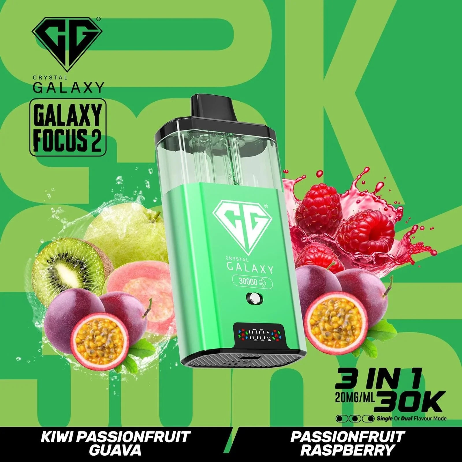 Crystal Galaxy Focus 2 30K prefilled vape pod with 3-in-1 fruit flavors including kiwi passionfruit guava and passionfruit raspberry.