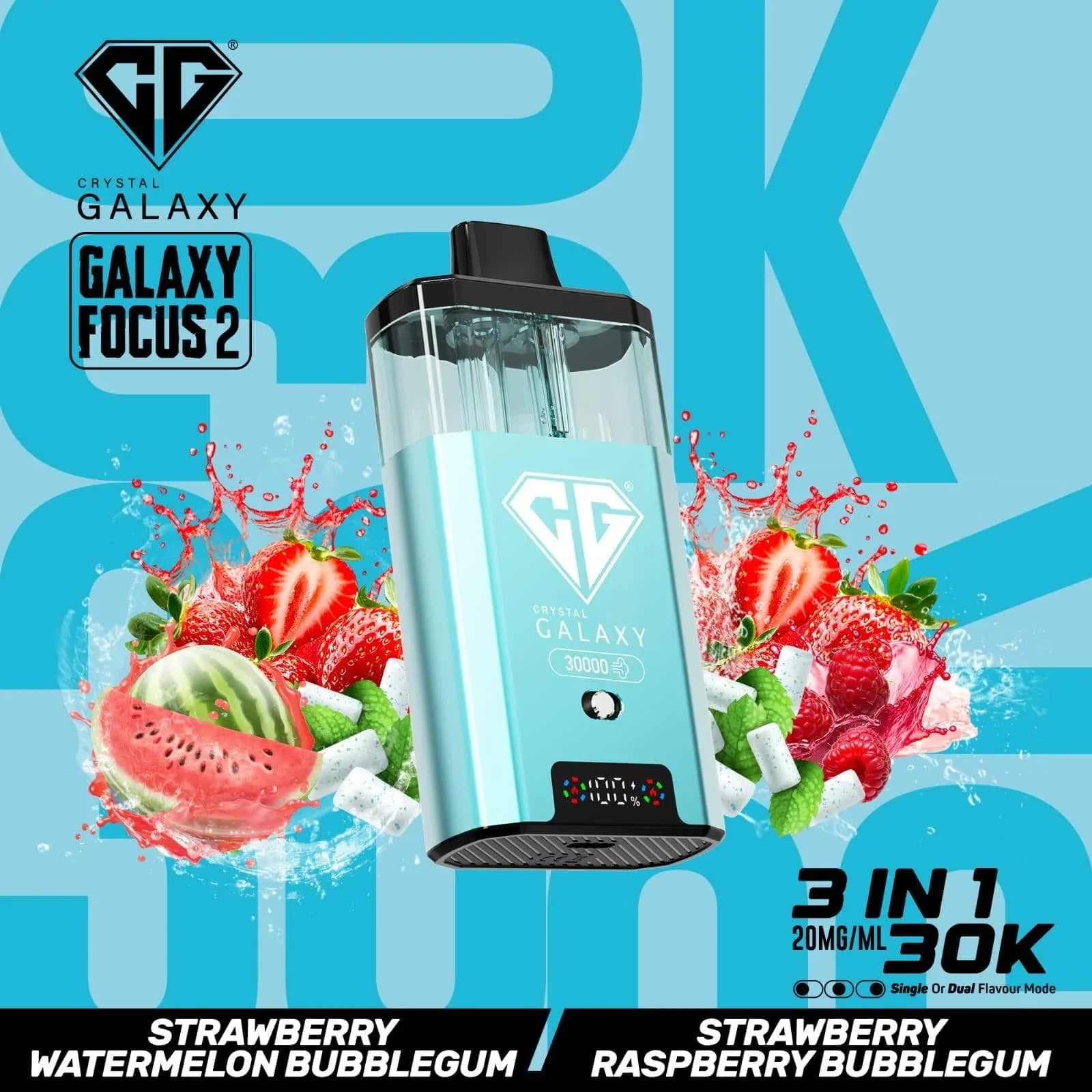 Crystal Galaxy Focus 2 30K prefilled pod with 30,000 puffs, strawberry watermelon bubblegum flavor, sleek compact design, and dual 20mg/ml nicotine salt options.