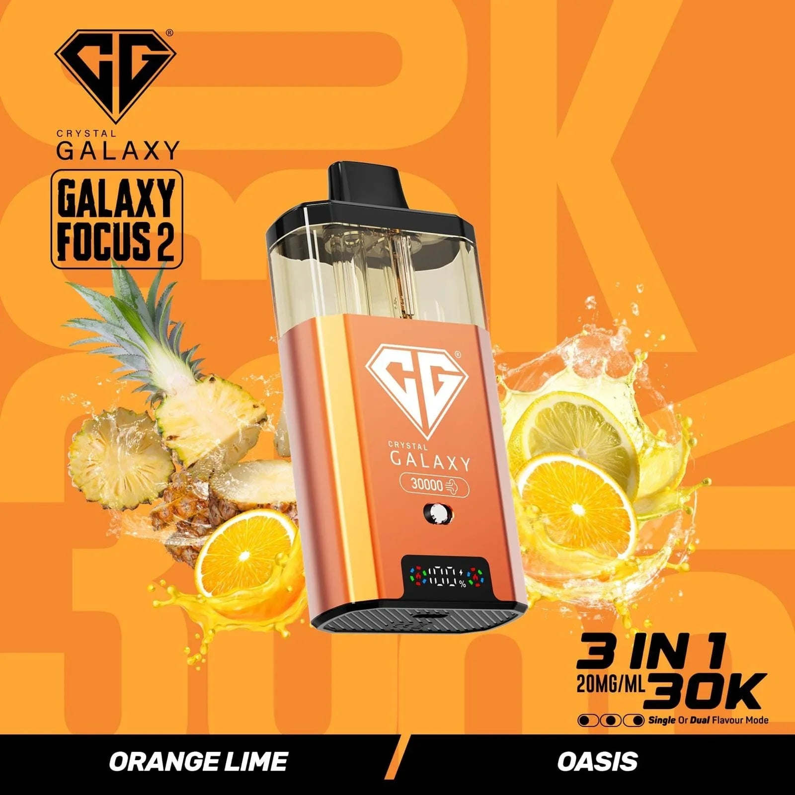 Crystal Galaxy Focus 2 30K prefilled vape pod in orange lime flavor with 30,000 puffs capacity and 20mg/ml nicotine strength.
