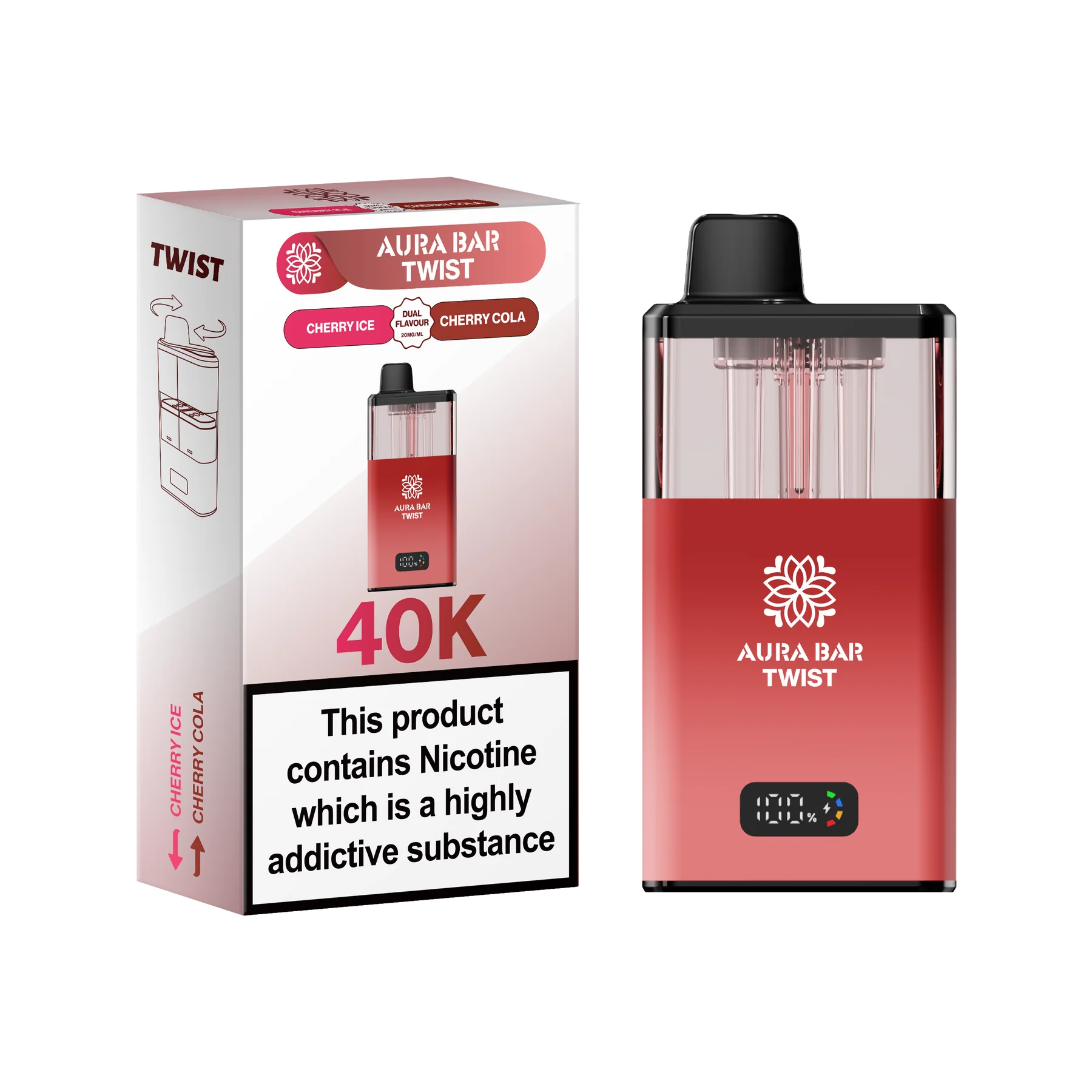 Aura Bar 40K Vape Kit with dual-flavour twist design and LED display, 850mAh rechargeable battery, 40,000 puffs, cherry ice and cherry cola flavors.