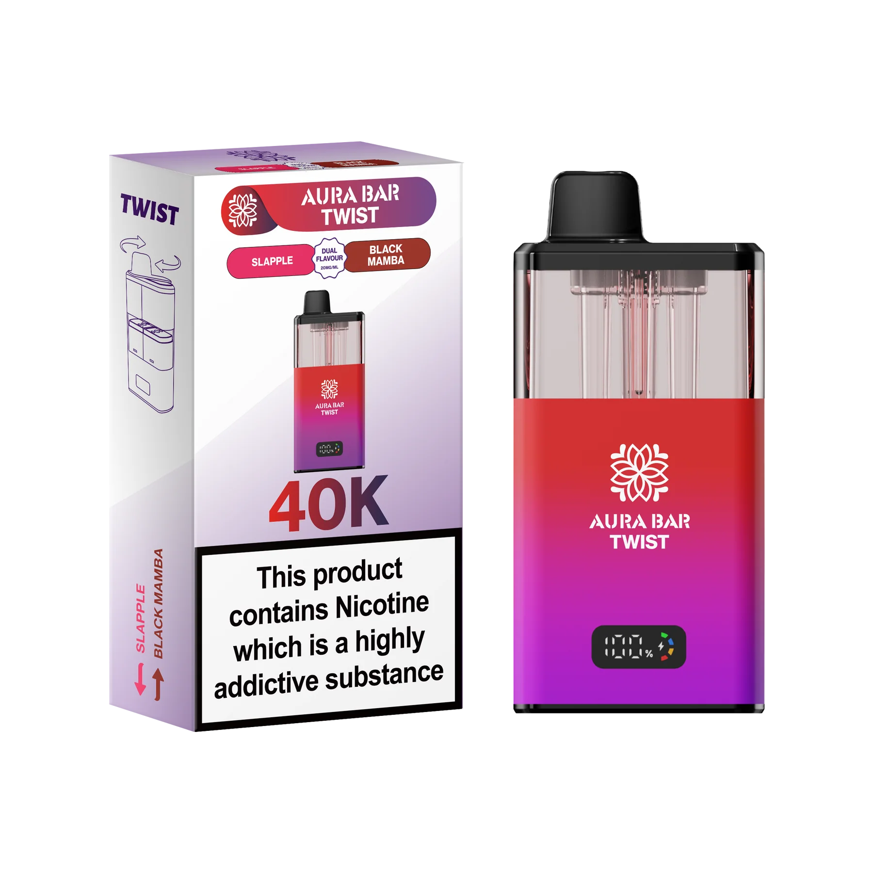 Aura Bar Twist 40K Vape Kit with dual-flavour twist mechanism, LED display, 850mAh rechargeable battery, up to 40,000 puffs, 5-pack prefilled pods.