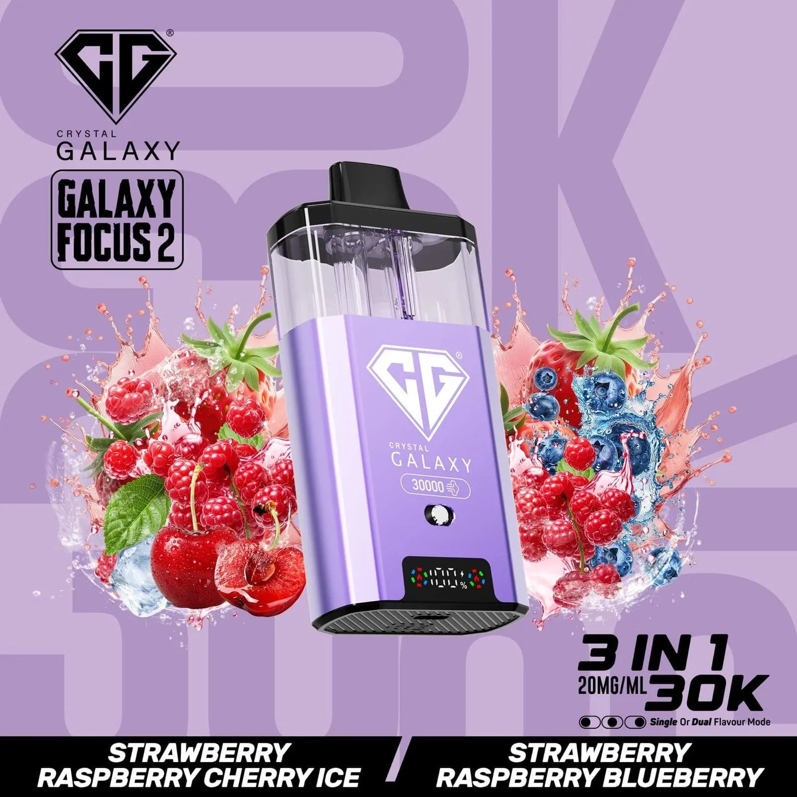 Crystal Galaxy Focus 2 30K prefilled vape pod with 30,000 puffs, strawberry raspberry cherry and blueberry flavors on purple background
