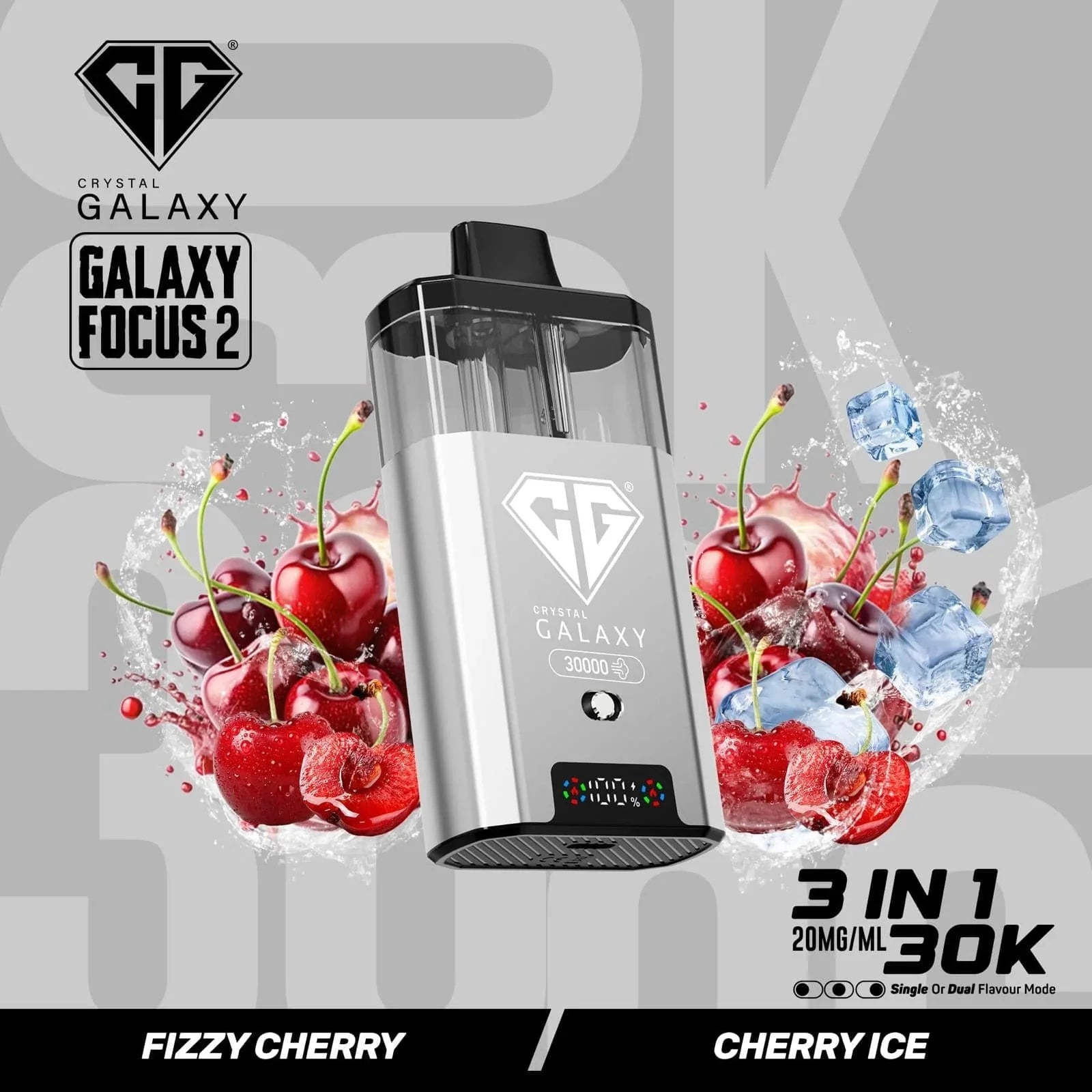 Crystal Galaxy Focus 2 30K prefilled pod vape with cherry and ice flavor accents, 30,000 puffs, sleek metallic design.