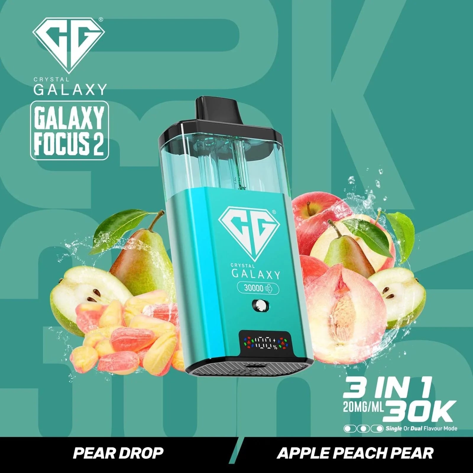 Crystal Galaxy Focus 2 30K prefilled vape pod with 30,000 puffs, fruity pear and apple peach flavors, compact blue device with mesh coil and draw-activated design.