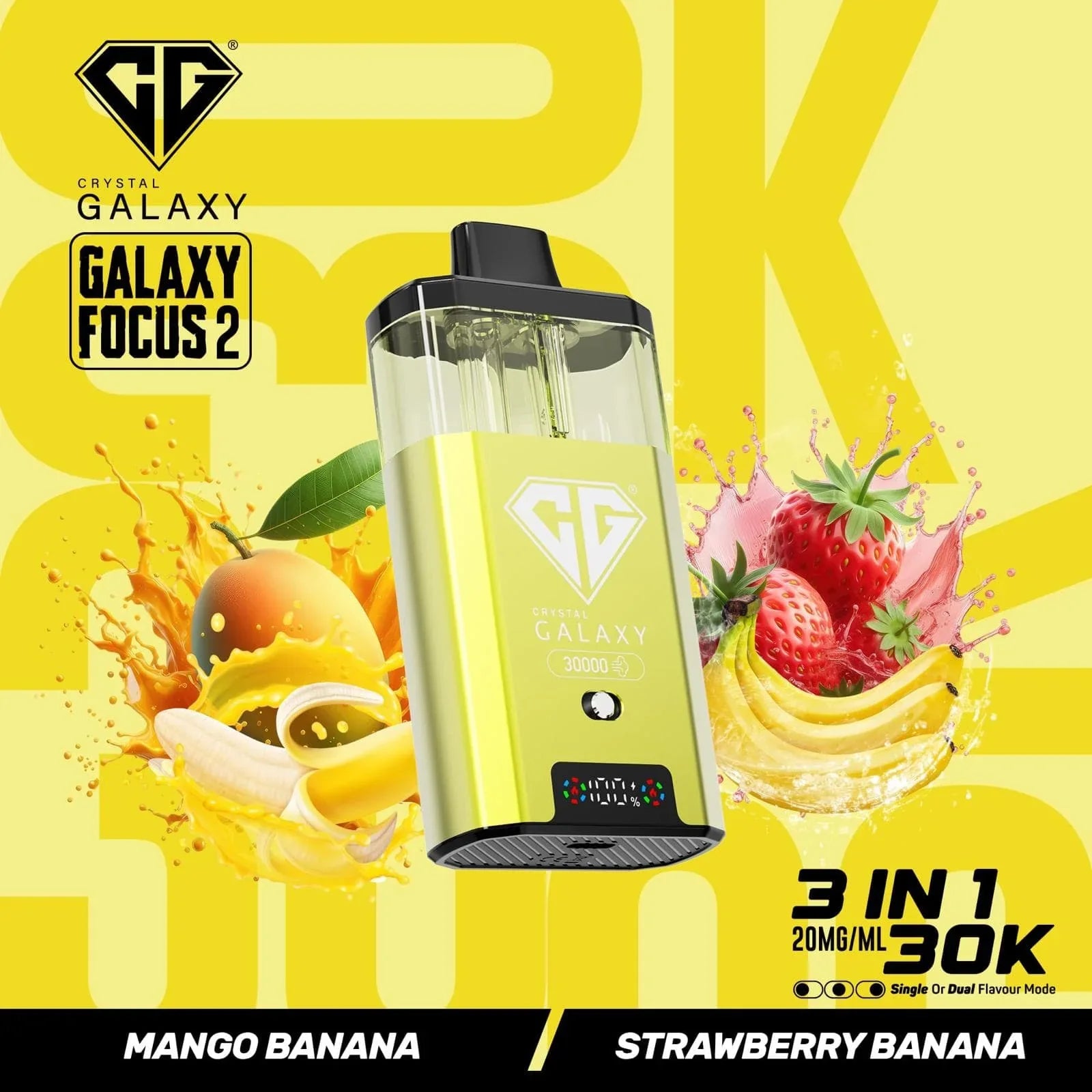 Crystal Galaxy Focus 2 30K prefilled pod vape with mango banana and strawberry banana flavors, 30,000 puffs capacity, and 20mg/ml nicotine strength.