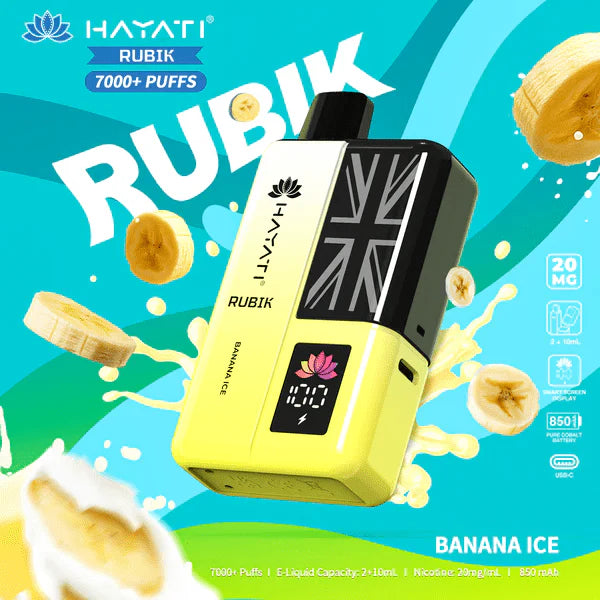 Hayati Pro Ultra+ 7000+ puffs reusable vape kit with single flavor Banana Ice system and smart battery display