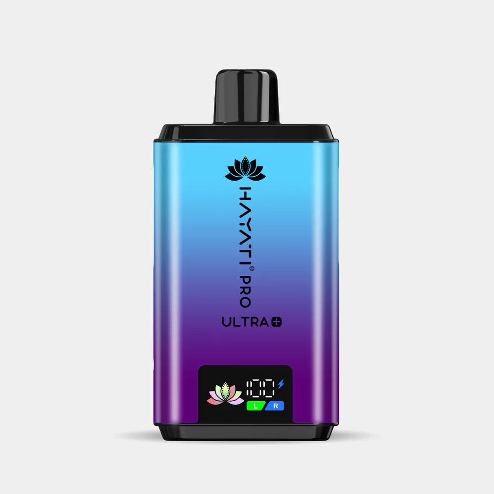 Hayati Pro Ultra+ reusable vape kit with dual flavor system, smart battery display, and 25000+ puffs capacity in blue and purple gradient design