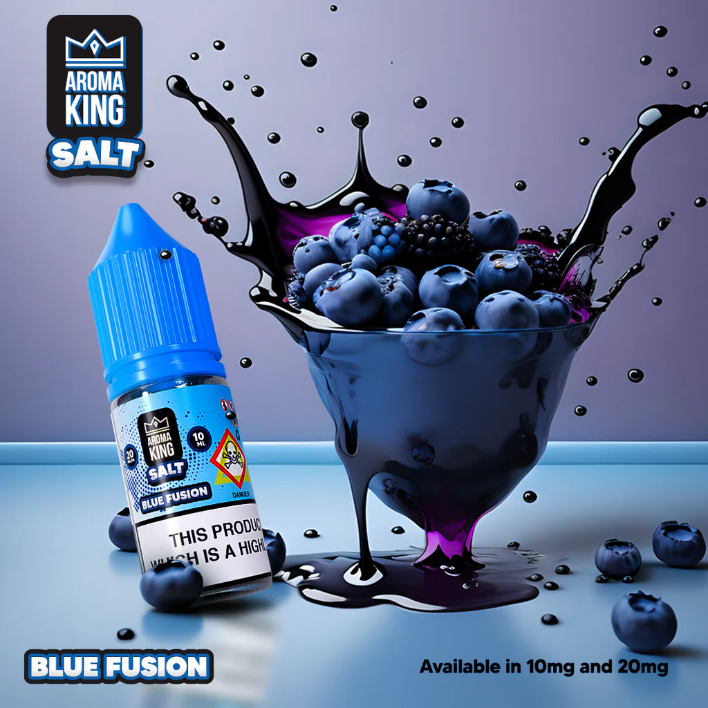 Aroma King Nic Salts Blue Fusion 10ml e-liquid bottle with blueberries and purple liquid splash background