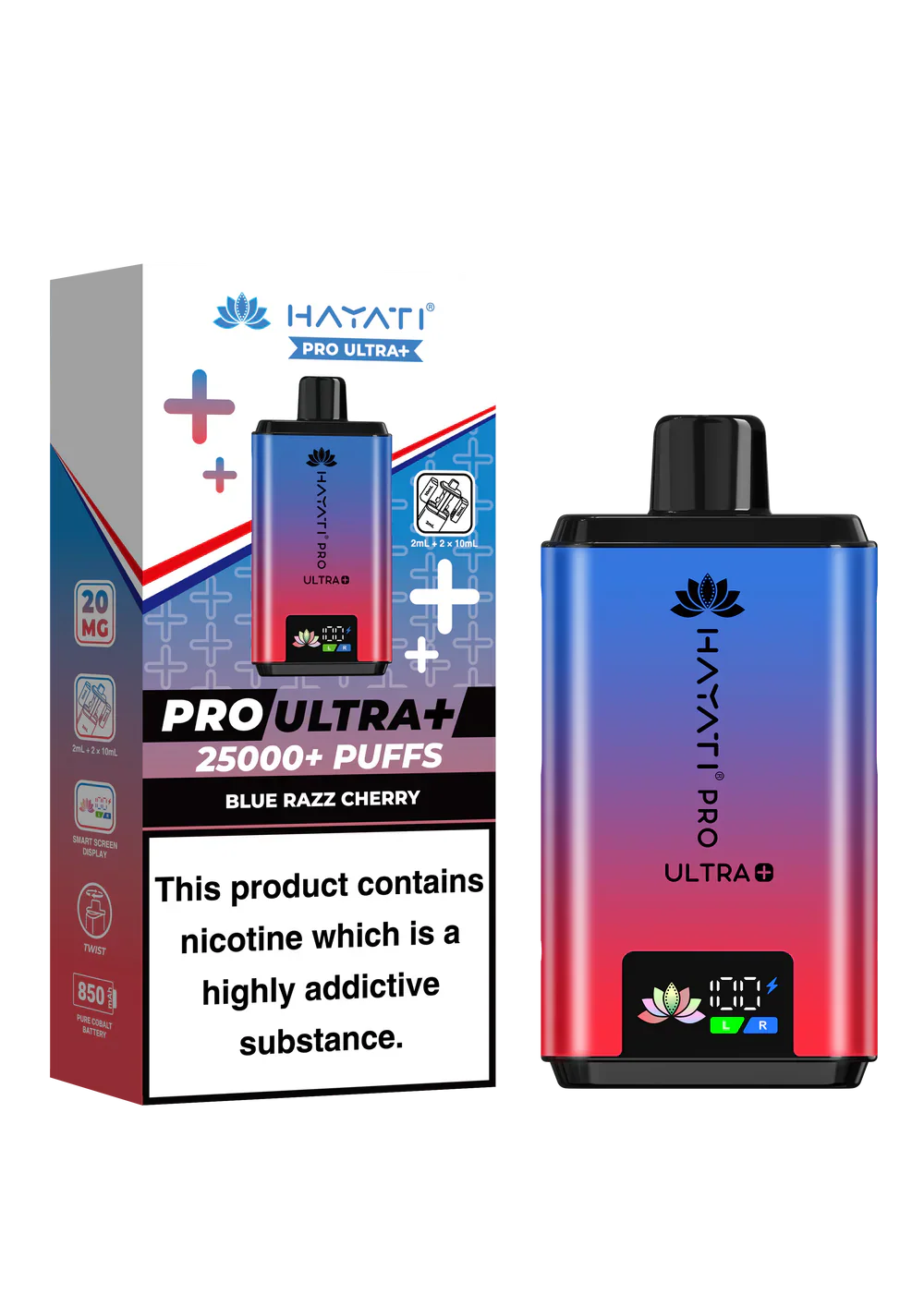 Hayati Pro Ultra+ 25000 vape kit in blue razz cherry with smart battery display and dual flavor system, pack of 5