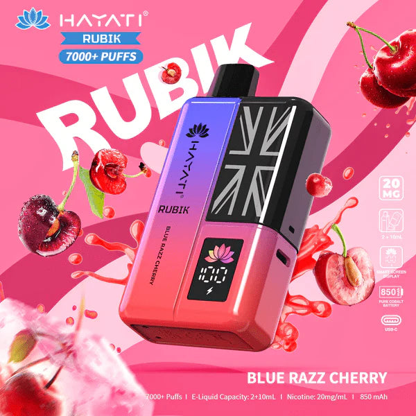 Hayati Rubik vape device with cherries on a pink background
