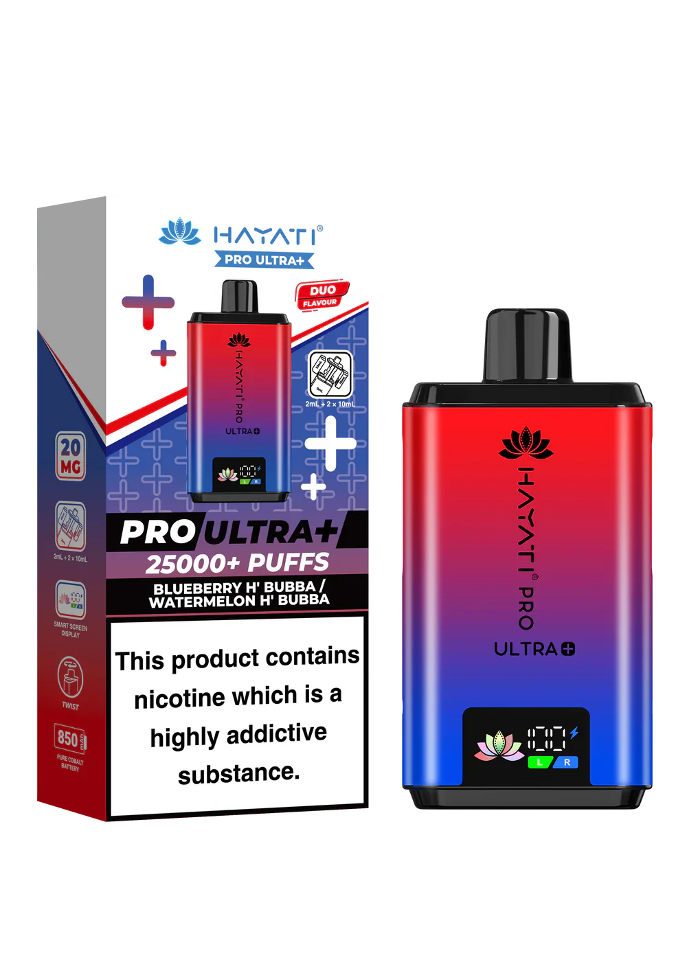Hayati Pro Ultra+ 25000+ puffs reusable vape kit with duo flavor system and smart battery display in red and blue gradient design.