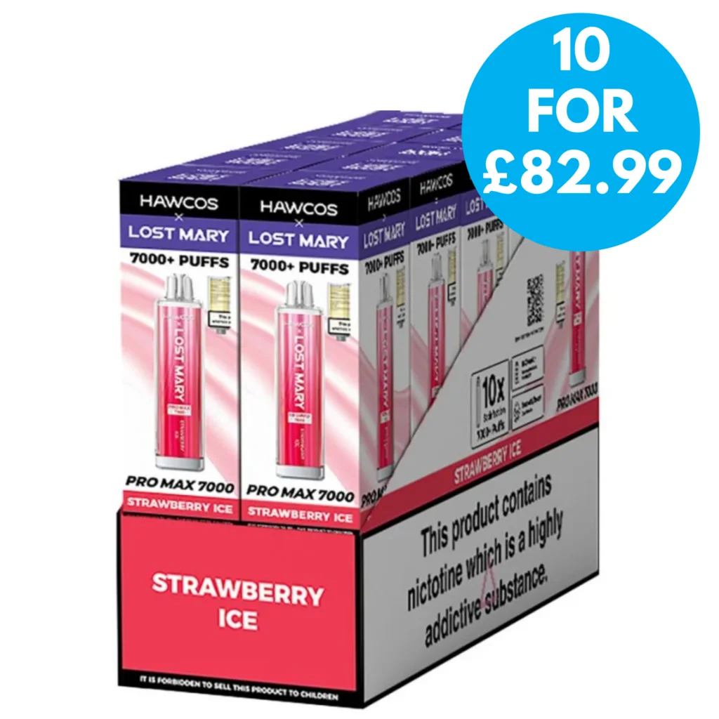 Box of 10 Hawcos x Lost Mary Pro Max 7000 Strawberry Ice 20mg nicotine vape multipack with 7000 puffs each