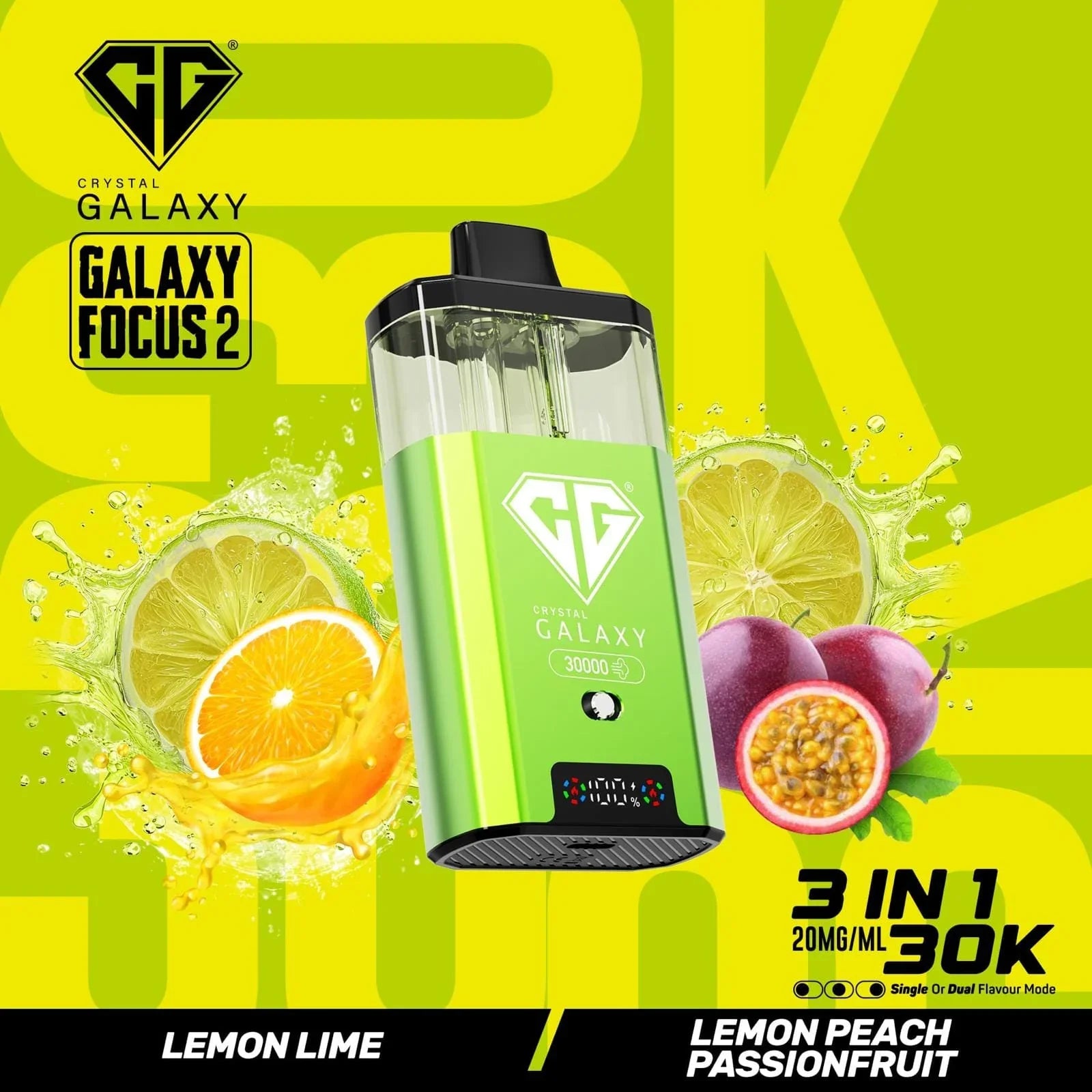Crystal Galaxy Focus 2 30K prefilled vape pod with lemon lime, lemon peach, and passionfruit flavors on green background