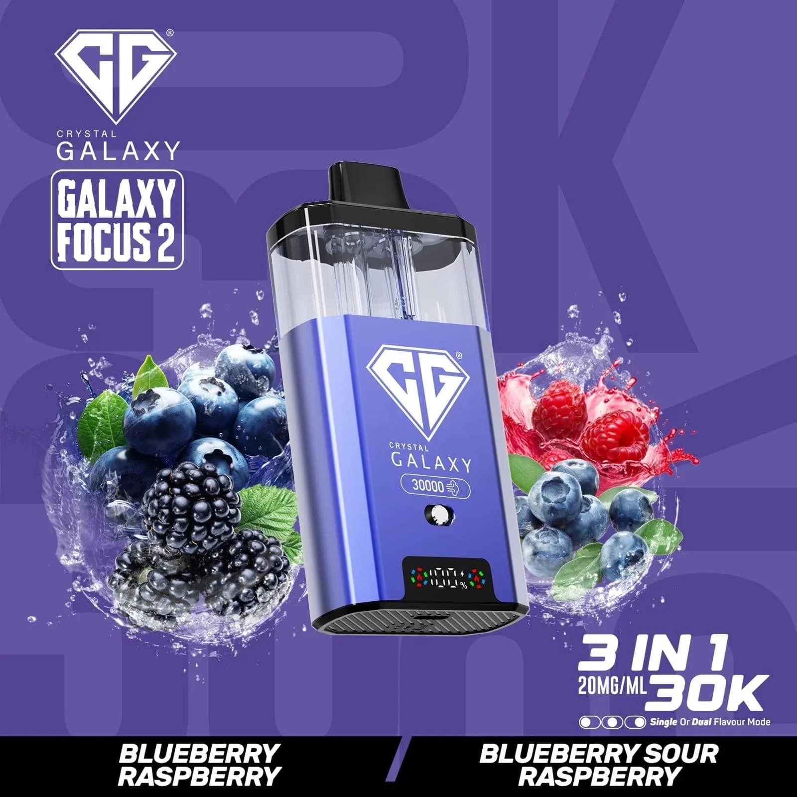 Crystal Galaxy Focus 2 vape pod with 30,000 puffs, 20mg/ml nicotine, and blueberry raspberry flavor.