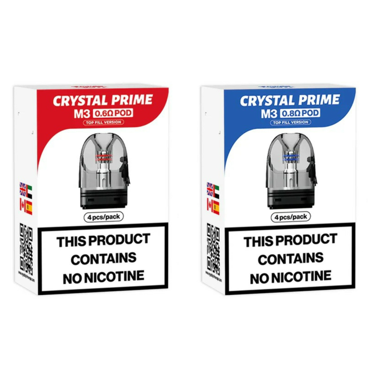 CRYSTAL PRIME M3 REPLACEMENT POD 4 pack in 0.6 and 0.8 ohm resistances with 2ml refillable capacity and integrated mesh coils.