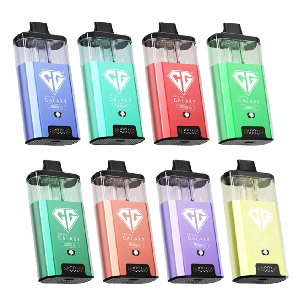 Crystal Galaxy Focus 2 30K Puffs rechargeable prefilled pod vape kit in assorted colors with LED display and dual transparent e-liquid tanks
