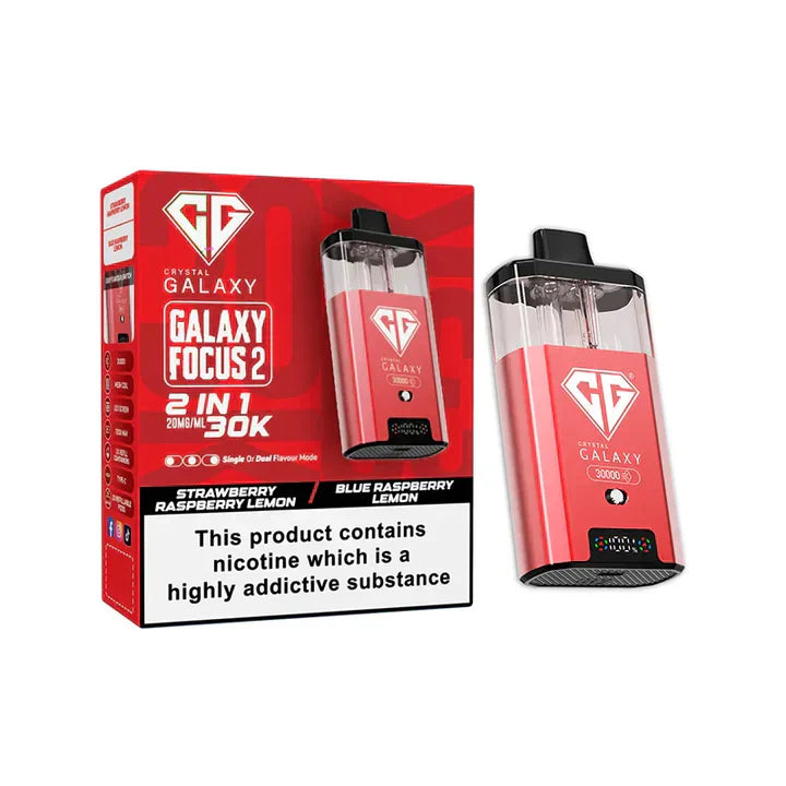 Crystal Galaxy Focus 2 30K puffs prefilled pod kit in red with dual flavor options strawberry raspberry lemon and blue raspberry lemon, featuring transparent tanks and LED display.