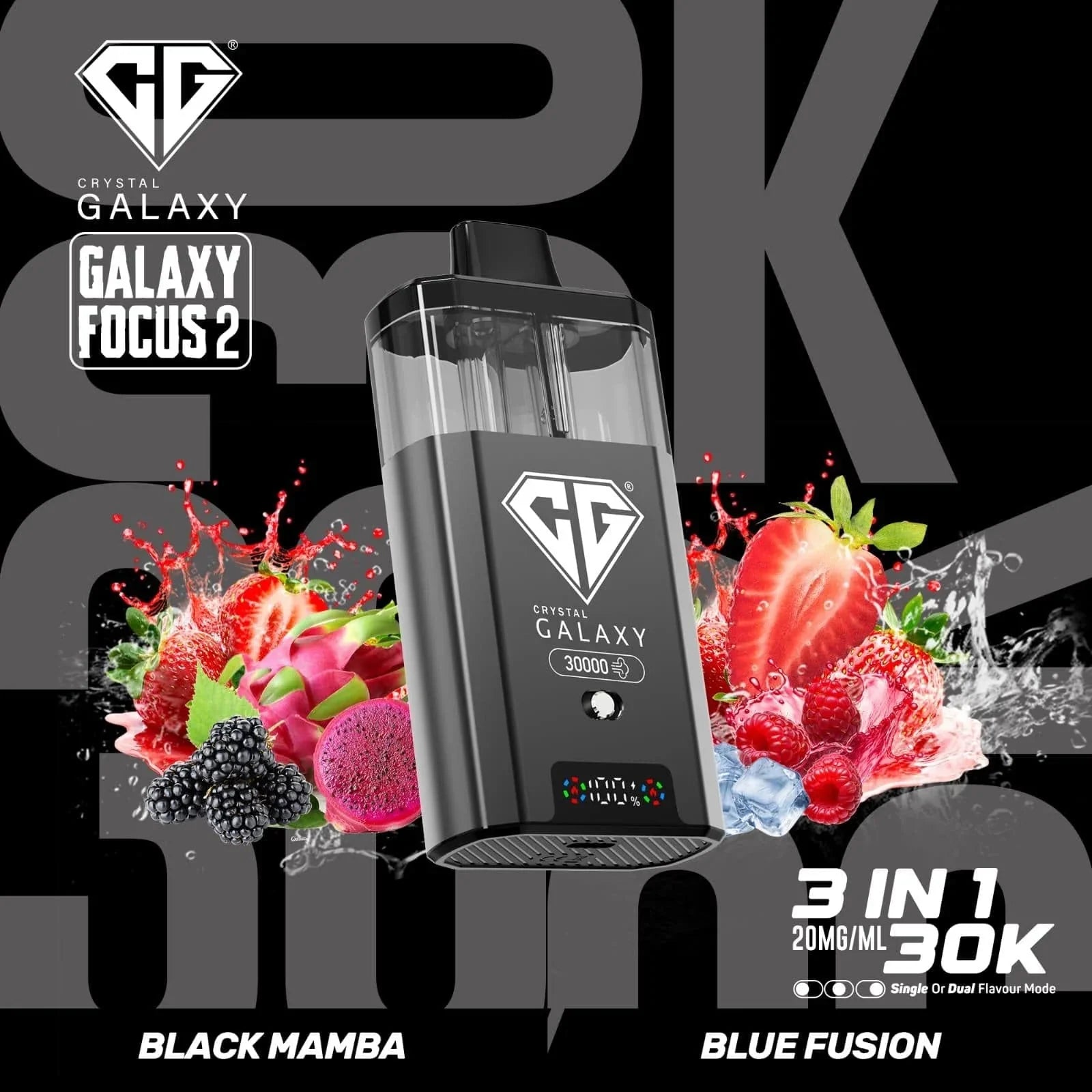 Crystal Galaxy Focus 2 30K prefilled pod vape device with 30,000 puffs, featuring Black Mamba and Blue Fusion flavors.