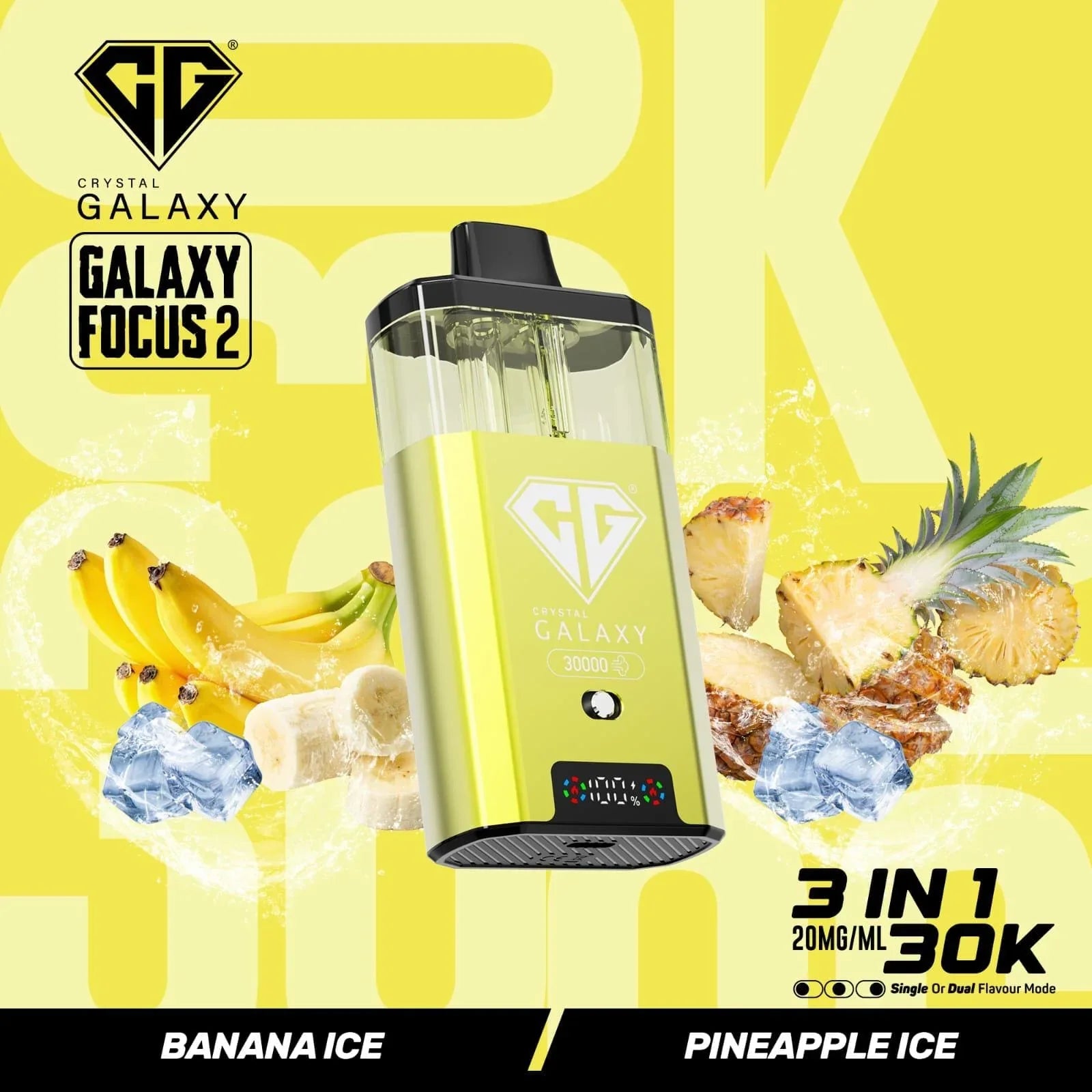 Crystal Galaxy Focus 2 yellow vaping pod with banana ice and pineapple ice flavor icons and 3-in-1 30K puff capacity text on yellow background