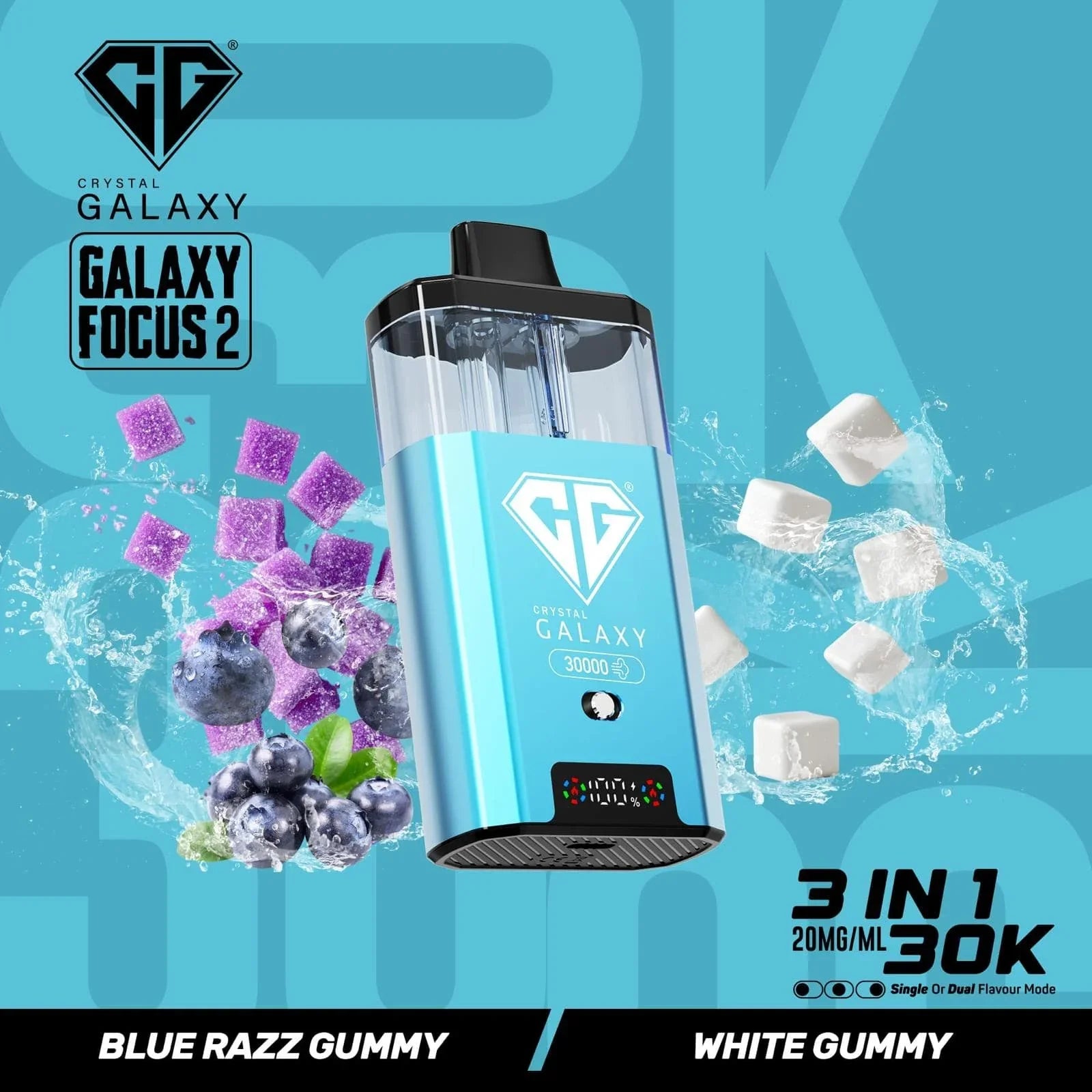 Crystal Galaxy Focus 2 prefilled pod vape device in metallic blue with blueberry and gummy candy flavor elements, 30,000 puffs, 3-in-1 flavor mode.