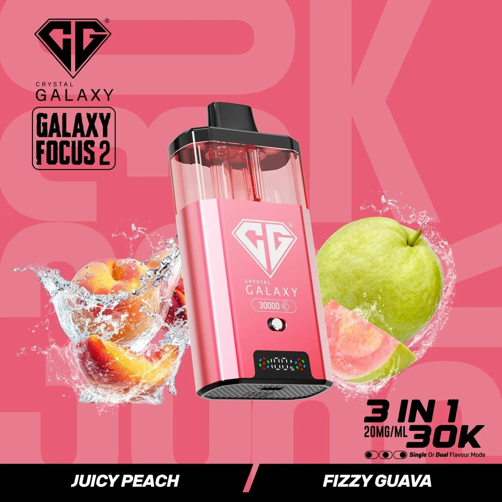 Crystal Galaxy Focus 2 vape device in pink with 30,000 puff capacity, featuring juicy peach and fizzy guava flavors.