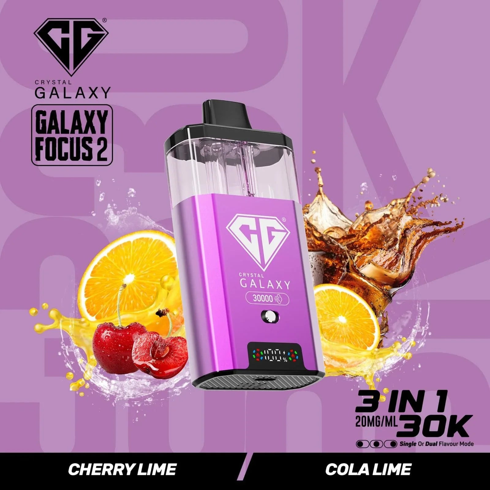 Crystal Galaxy Focus 2 30K prefilled pod vape device in purple with cherry lime and cola lime flavor splash backgrounds, 3-in-1 20mg/ml, 30,000 puffs capacity.