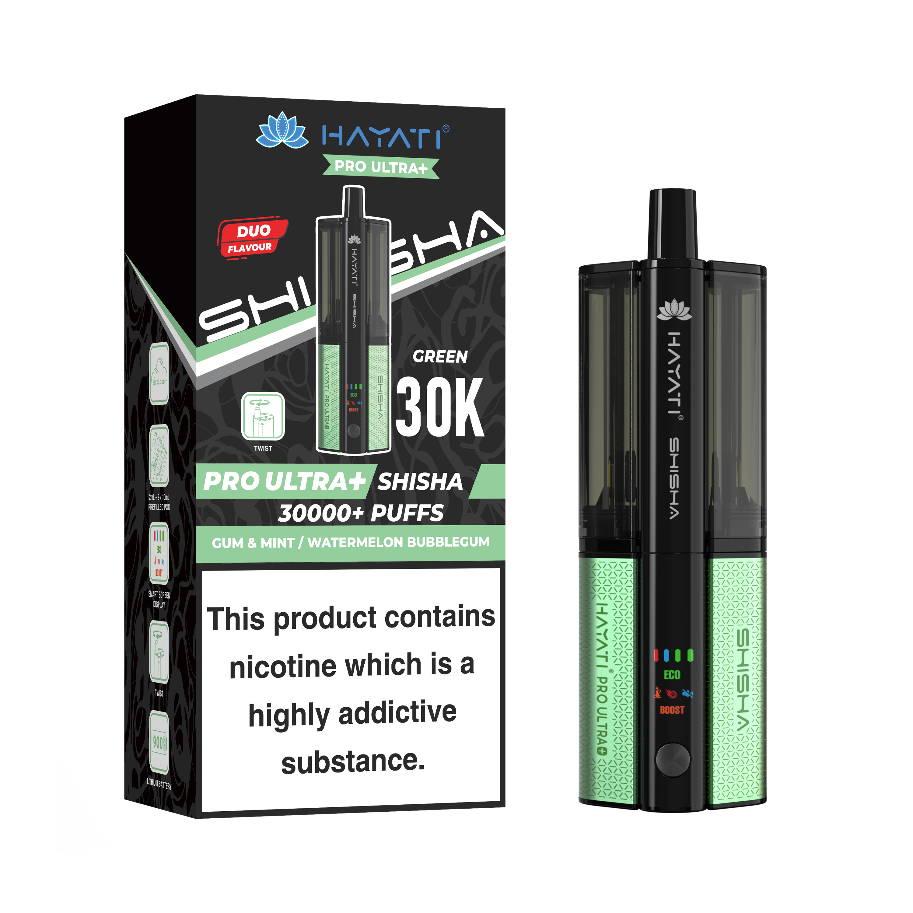 HAYATI Shisha vape device and packaging on a white background