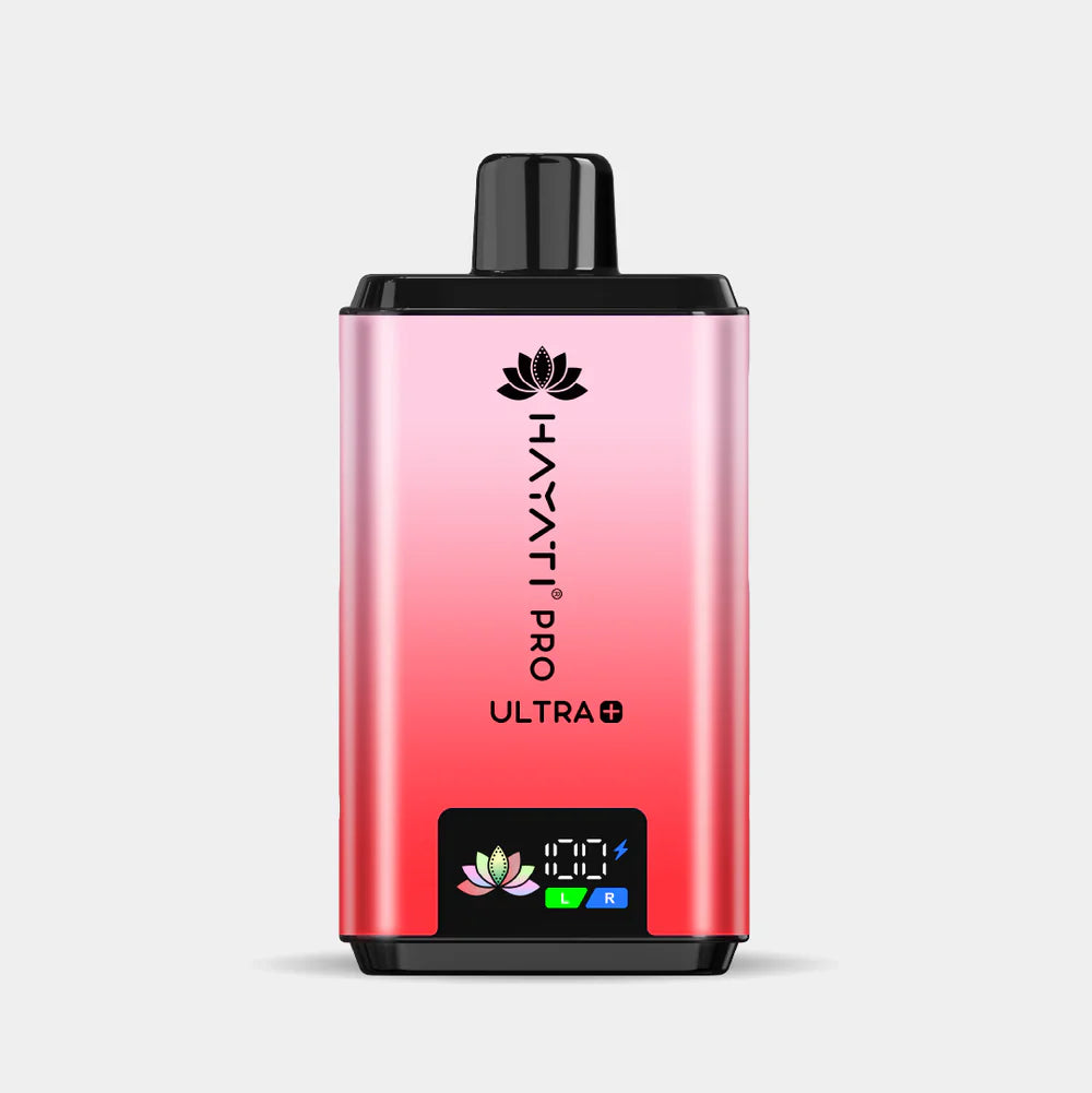 Hayati Pro Ultra+ red and pink gradient reusable vape device with smart battery display and black mouthpiece