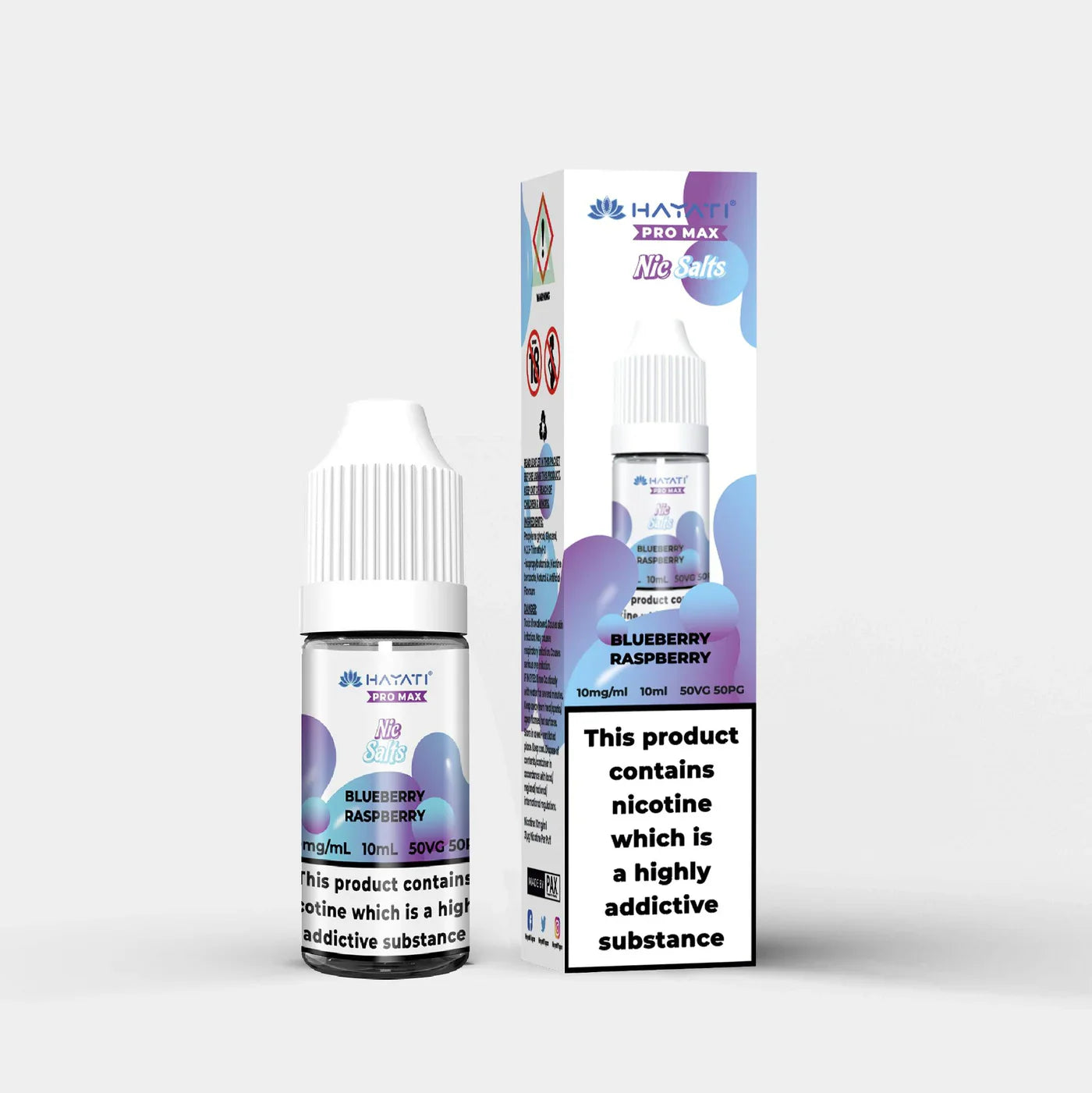 Hayati Nic Salts 10ml bottle and box in Blueberry Raspberry flavor with nicotine warning label