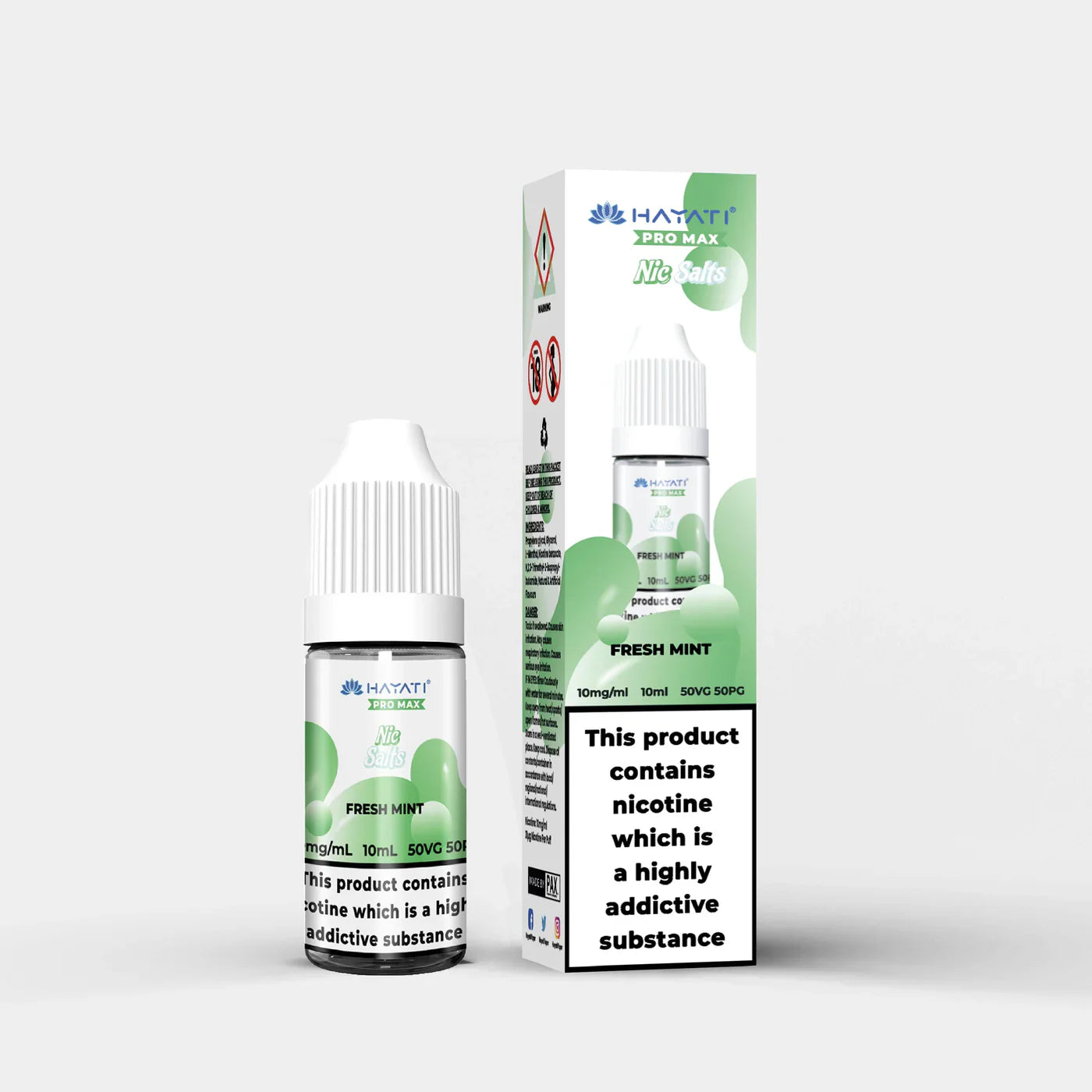 Hayati Nic Salts 10ml Fresh Mint e-liquid bottle and packaging with 10mg nicotine strength and 50PG/50VG ratio.