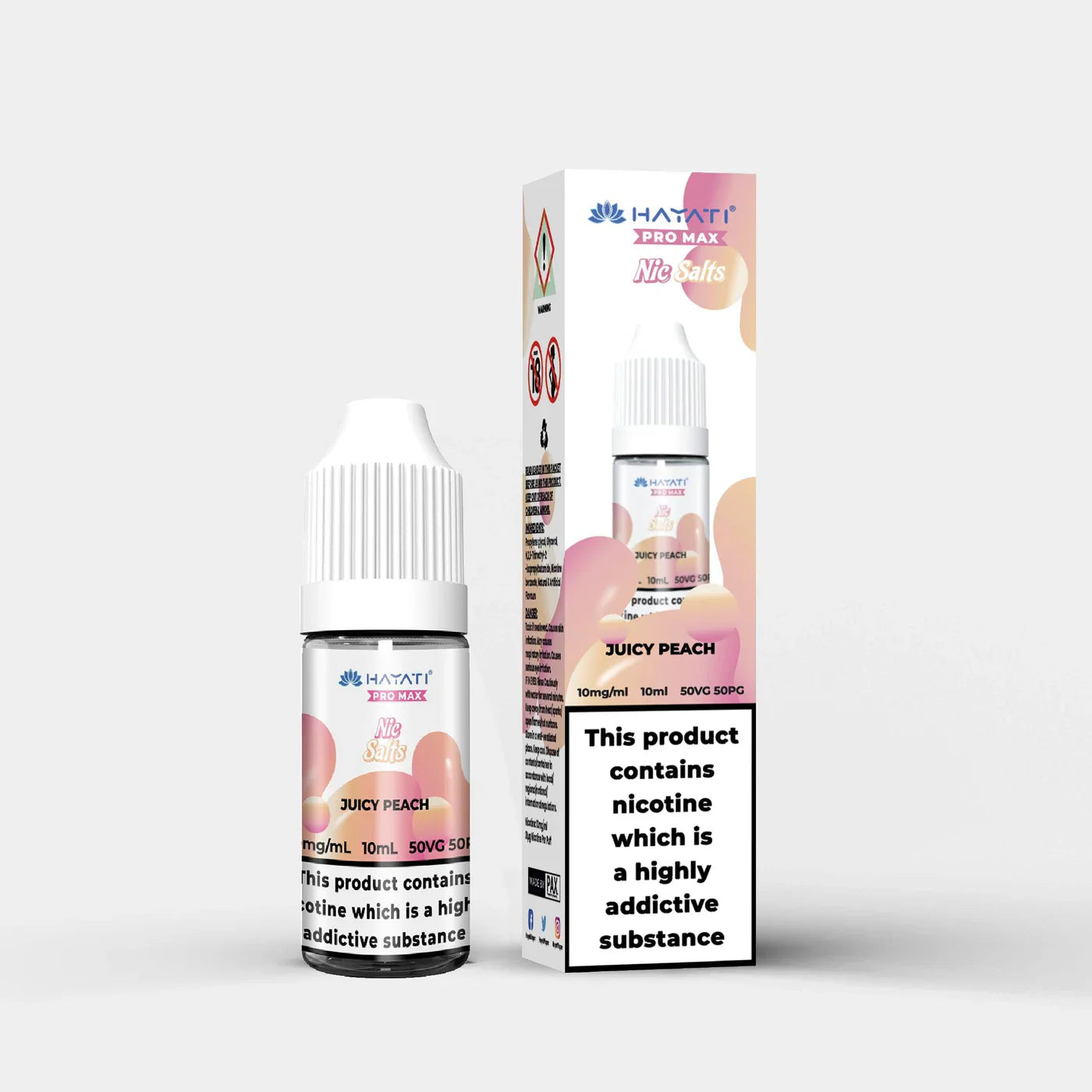 Hayati Nic Salts Juicy Peach 10ml nicotine salt e-liquid with 50VG/50PG ratio and 10mg strength in white and pink packaging